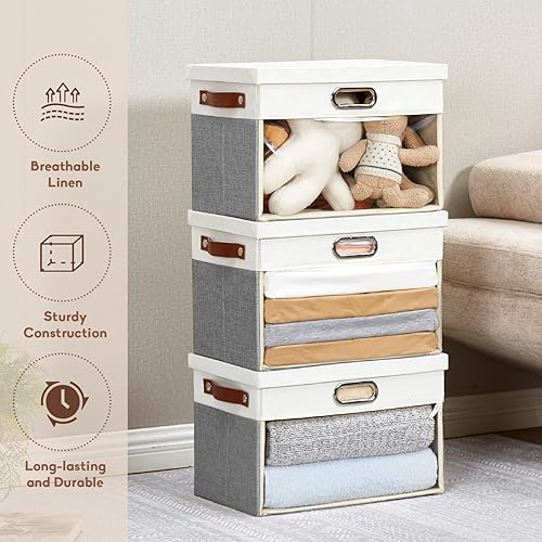 Vista 3 de Contenedores de almacenamiento de tela transparente con tapa, caja de almacenamiento para armario, cestas de lino con 3 asas para organizar ropa