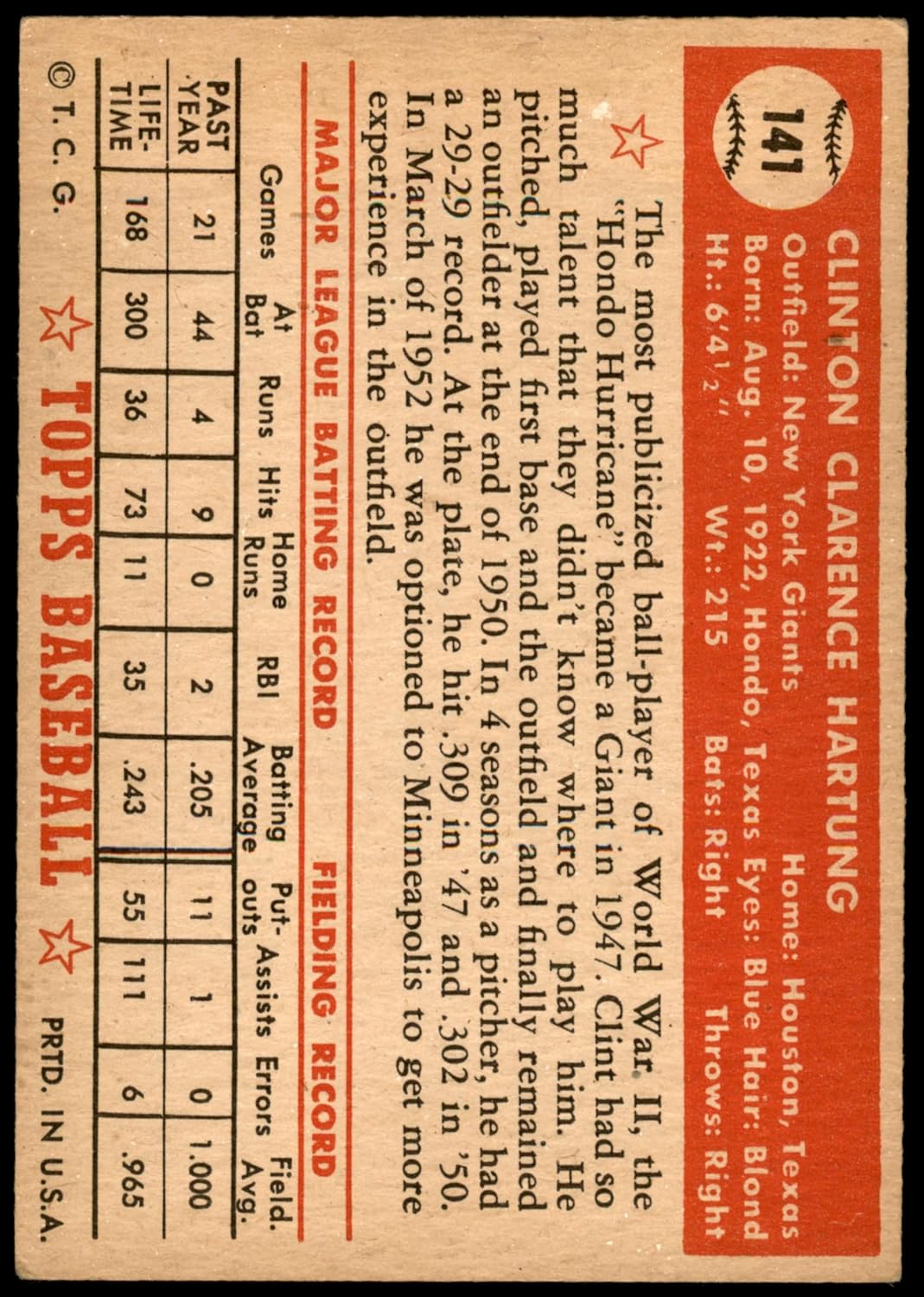 1952 Topps #141 CRM Clint Hartung New York Giants (Baseball Card) (Cream Back) VG/EX Giants