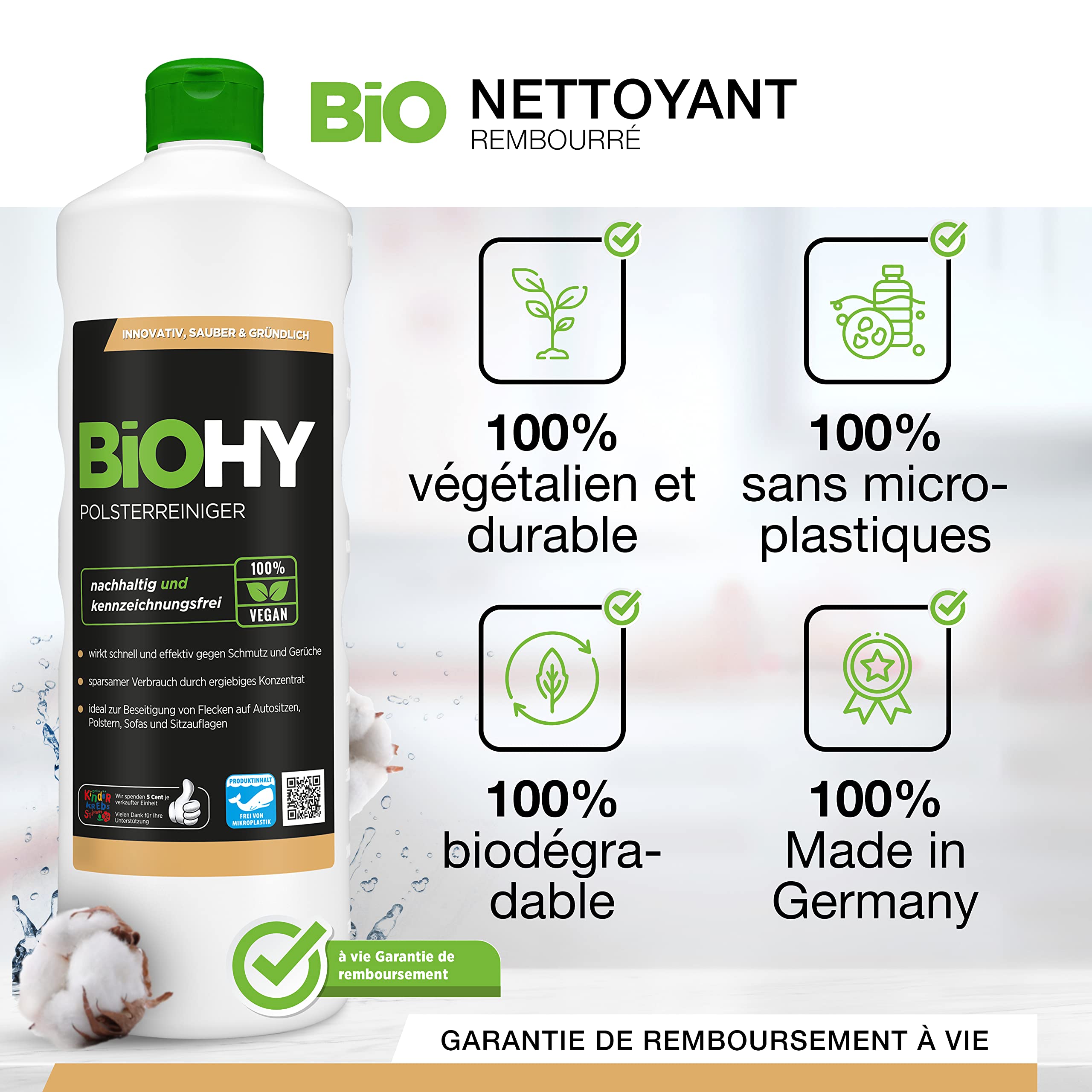 BiOHY Nettoyant spécial pour Meubles rembourrés (Bidon de 10l) | Idéal pour Les sièges d'auto, canapés, Matelas | pour des aspirateurs à eau | détachant (Polsterreiniger)