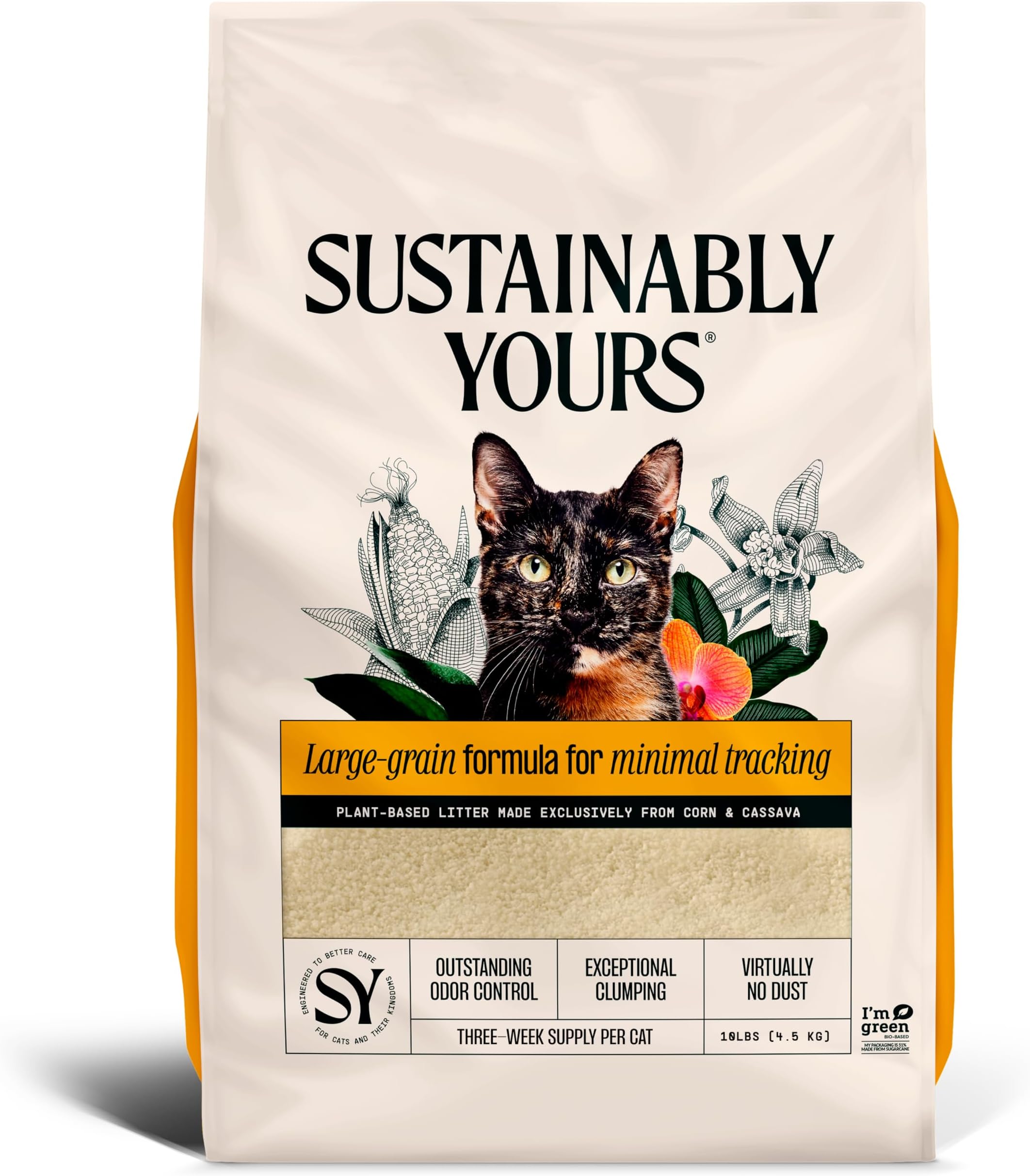 Natural Cat Litter, Large-Grain Formula, Low Tracking, Exceptional Clumping & Odor Control, Virtually No Dust, Corn & Cassava Plant-Based, Unscented, 10 lbs