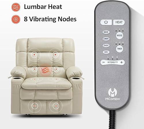 Miniatura 98 de MCombo Silla reclinable eléctrica de doble motor para personas mayores, silla elevadora plana con calor y masaje, portavasos, puertos USB, piel