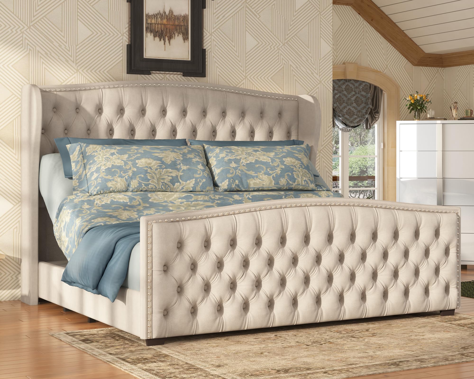 AMERLIFE King Adjustable Bed Frame with Velvet Headboard