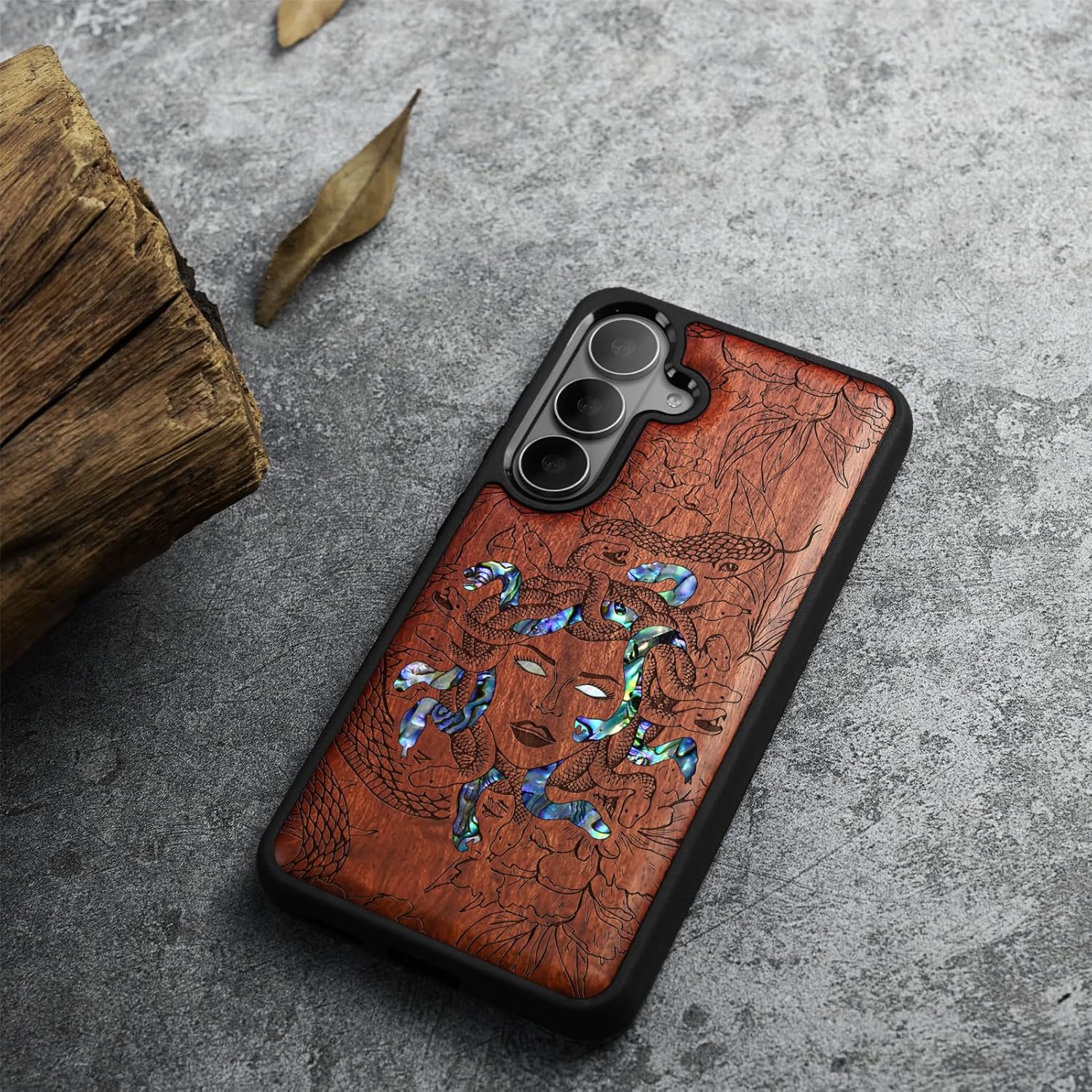 Carveit Magnetic Wooden Case for Samsung Galaxy S26 Case, Wood Artisan Engraved & Handmade Shell Inlaid, Compatible with MagSafe Wireless Chargers (The Medusa Enigma) Rosy