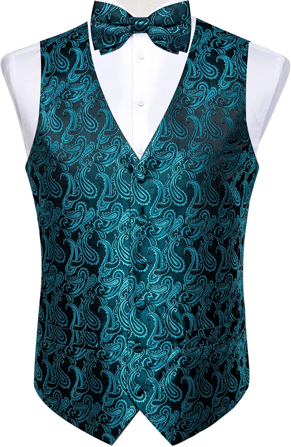DiBanGu Mens Formal Dress Vest Paisley Jacquard Silk Suit Waistcoat Necktie Bow Tie Set Wedding Party Tuxedo 5PCS - Image 3
