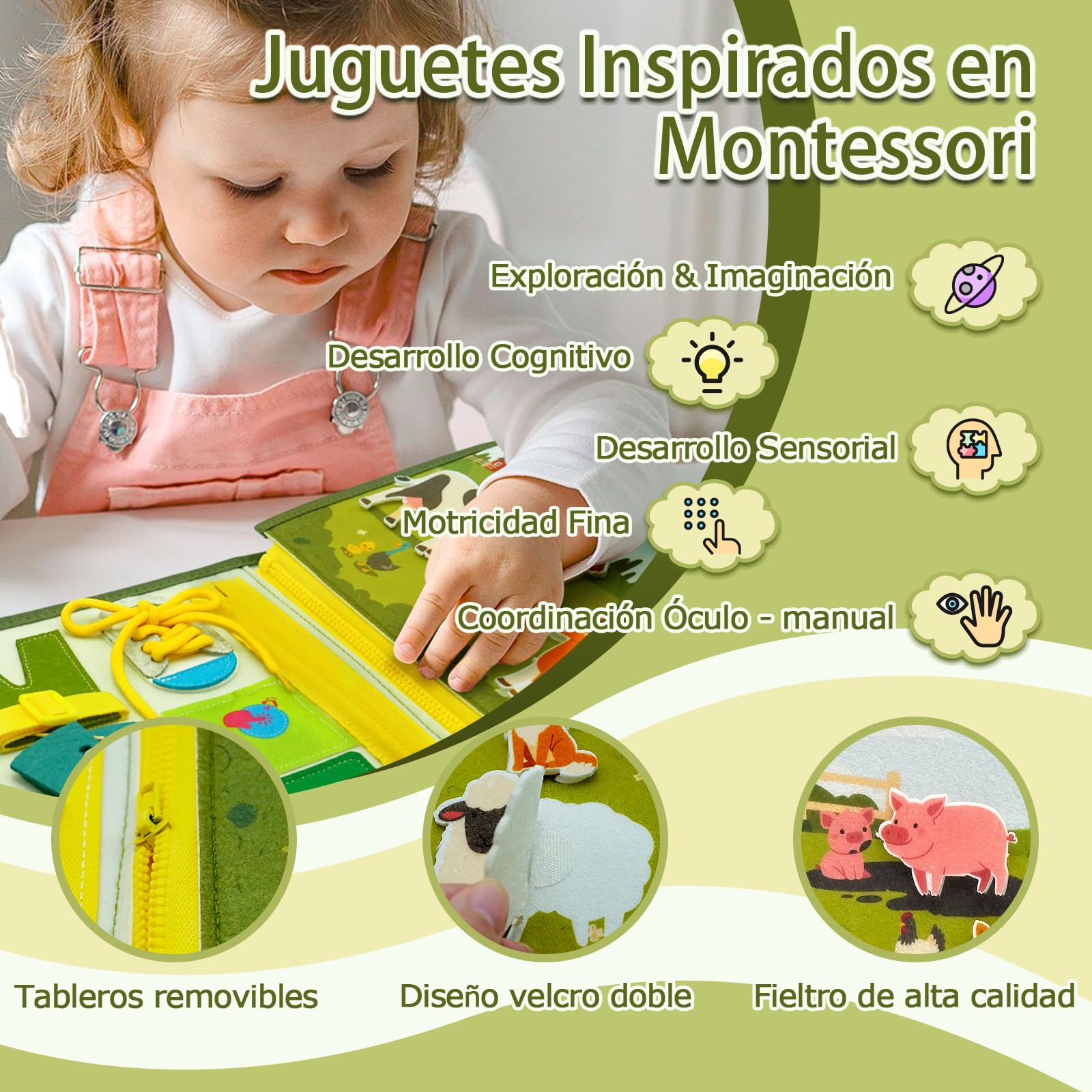 Español Busy Board Juguetes Montessori,10 en 1 Granja Tablero Sensorial Montessori,Motricidad Fina Juguetes Niños 1 2 3 4 Años,Juegos Educativos de Aprendizaje,Regalos Niños Niñas Cumpleaños Navidad