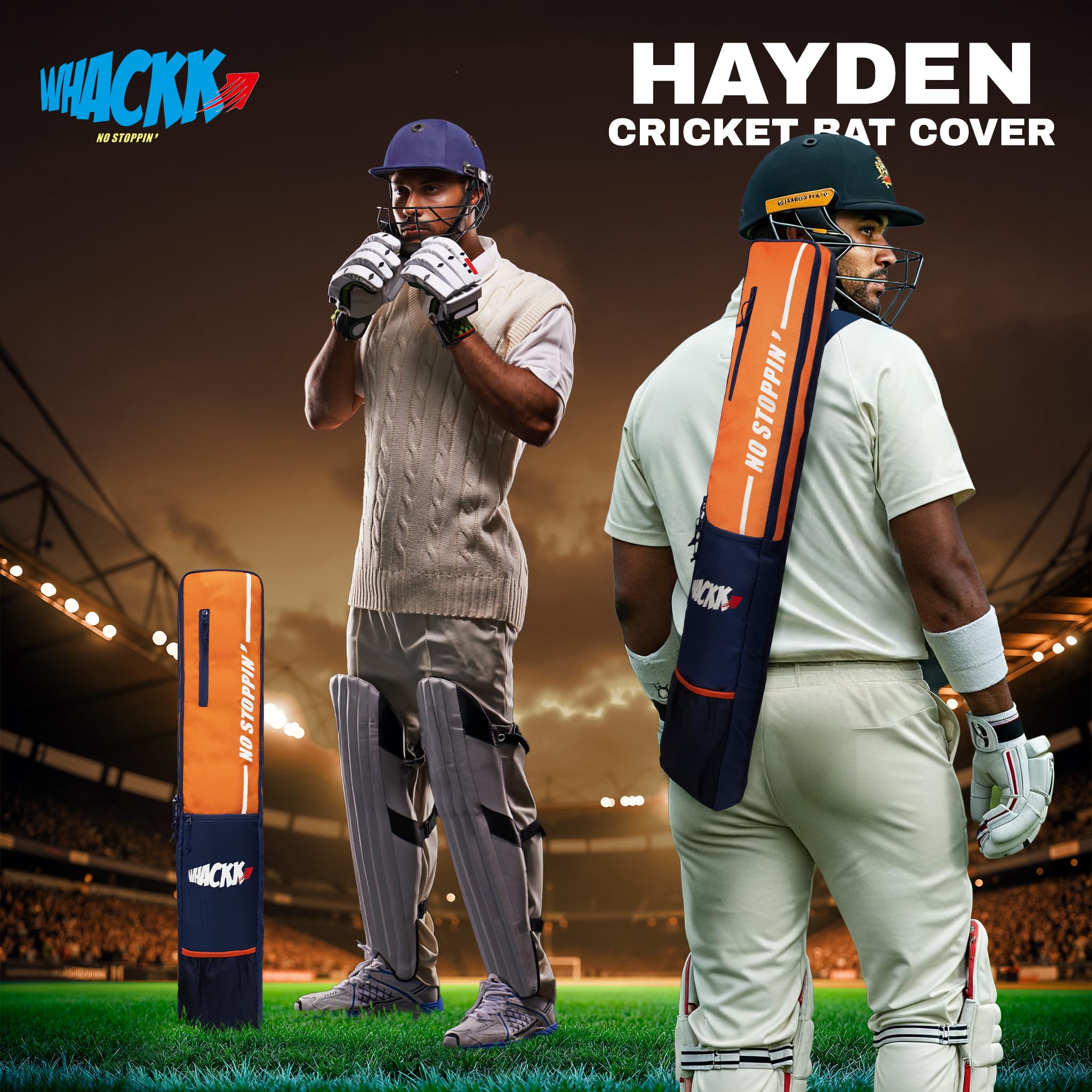 WHACKK Hayden Cricket Bat Cover Orange | Premium Full Size Polyester Bat Sleeve with Carry Handle | Protective Cover for Wooden & Plastic Cricket Bats 1