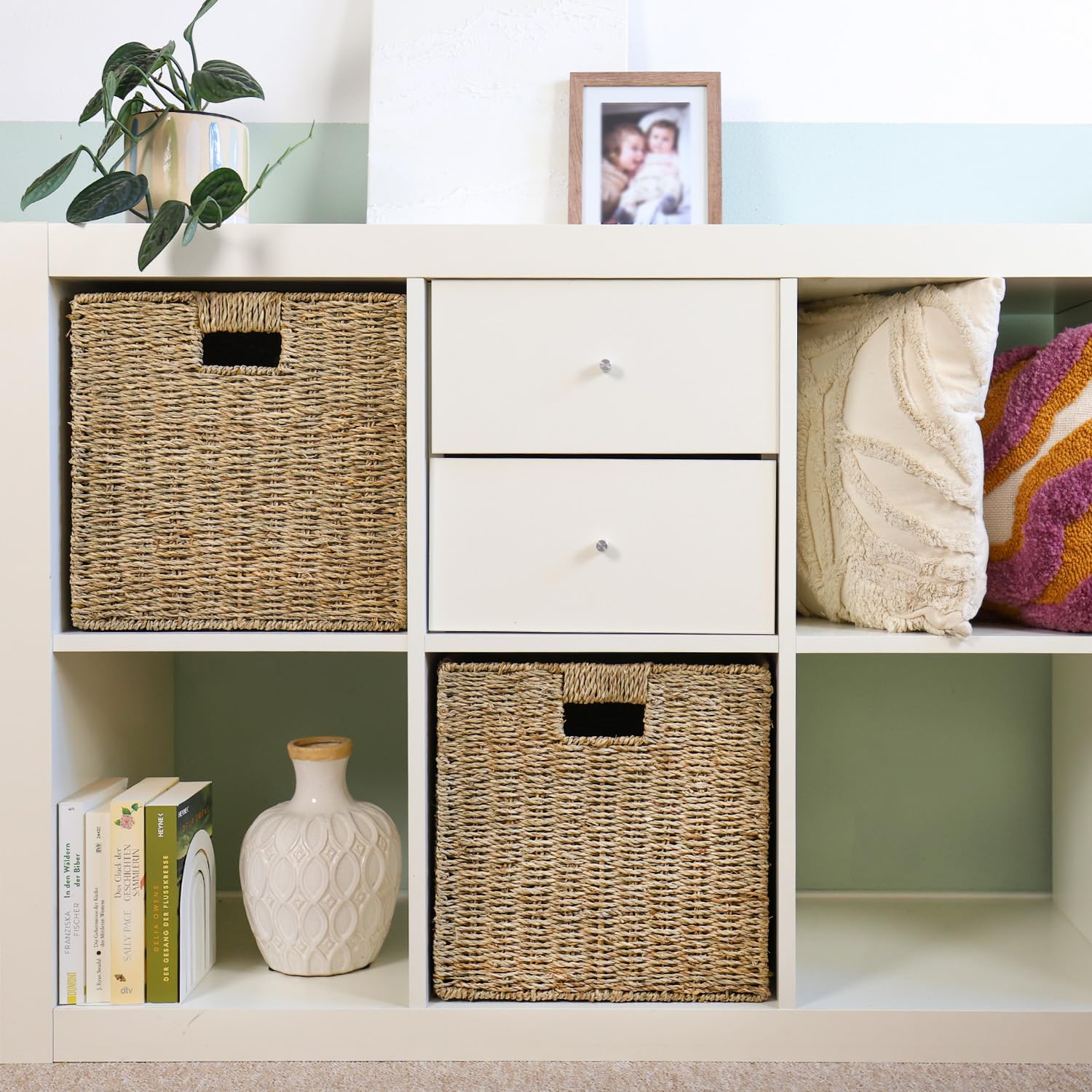 HMF Aufbewahrungskorb passend für KALLAX Regal, Korb geflochten aus Seegras mit Griffen | 4er Set | 32 x 34,5 x 32 cm | Natur