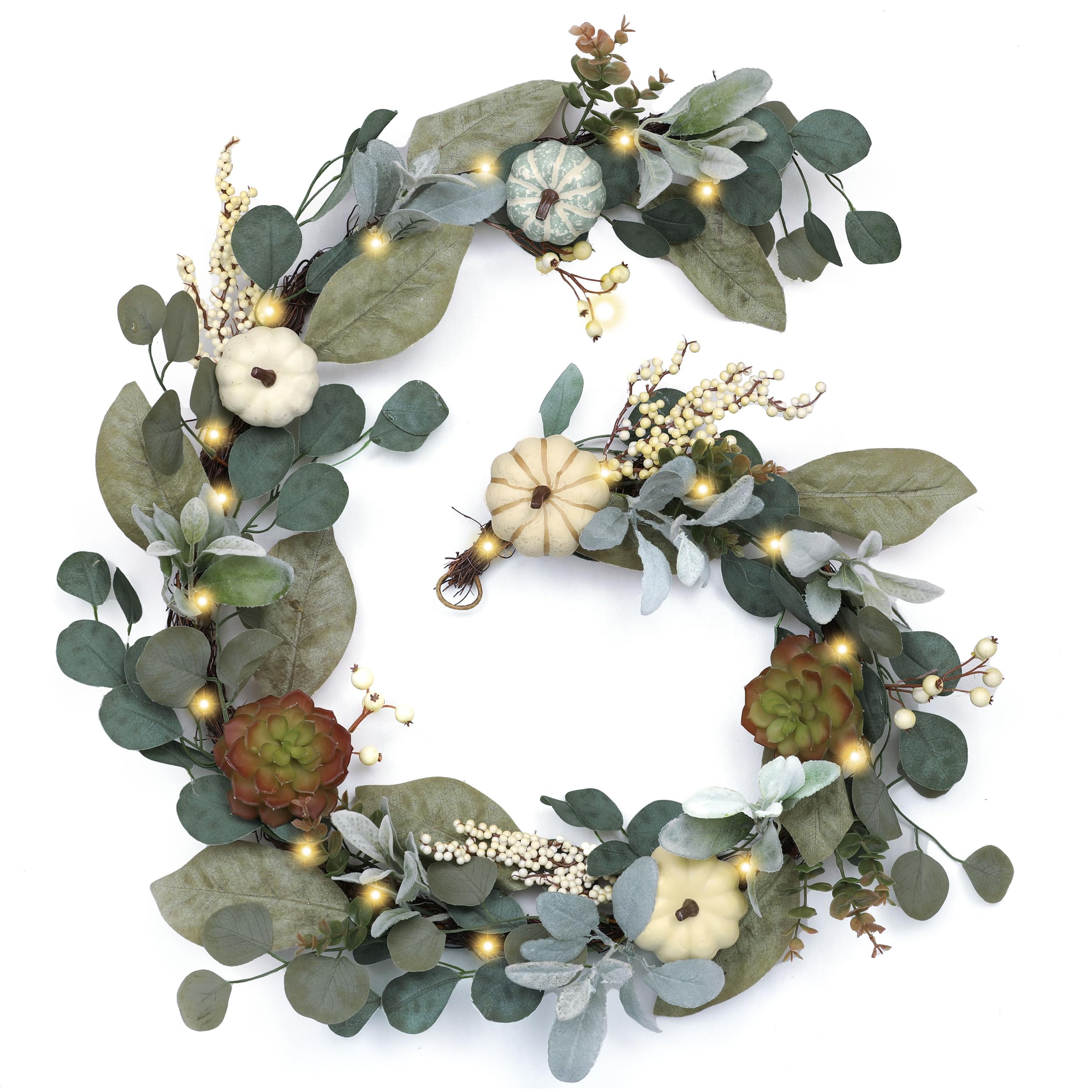 Valery Madelyn Fall Eucalyptus Leaves Garland for Mantle, 6ft Pumpkin Garland with Light Succulent for Thanksgiving Table Centerpiece, Outdoor Fall Decorations for Home Mantle Fireplace Autumn Decor