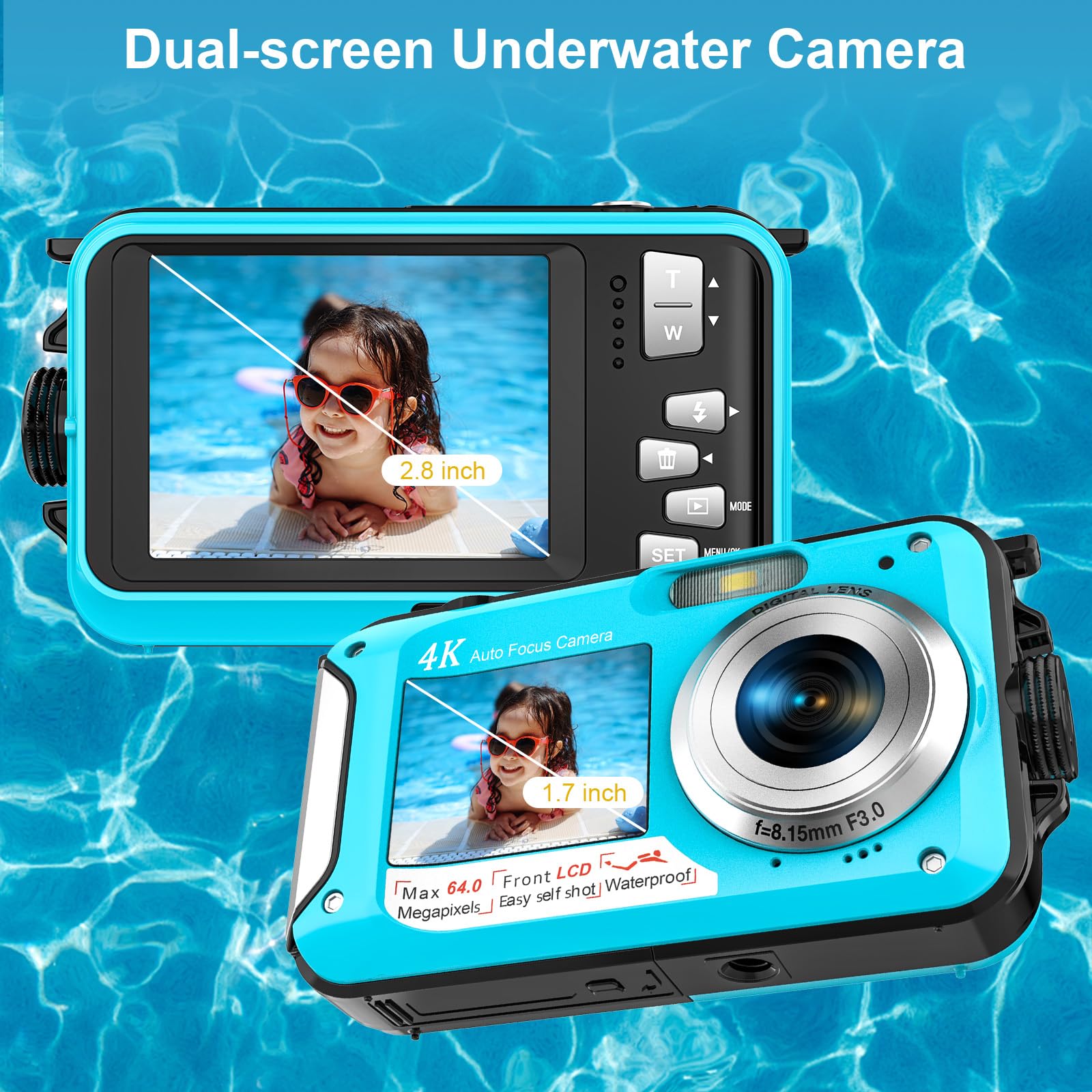 Yixinxin Unterwasserkamera UHD 4K 64MP Autofocus 32GB Selfie Doppelte Bildschirme wasserdicht Schnorcheln