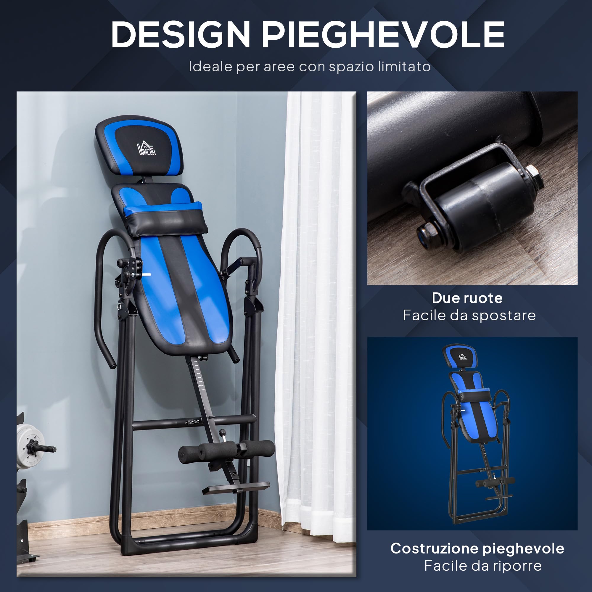 HOMCOM Panca ad Inversione Pieghevole Regolabile con Ruote, Tavola di Inversione Gravitazionale con Protezione Cintura, per Allenamento Muscolare e Sollievo dal Dolore alla Schiena, Casa Palestra