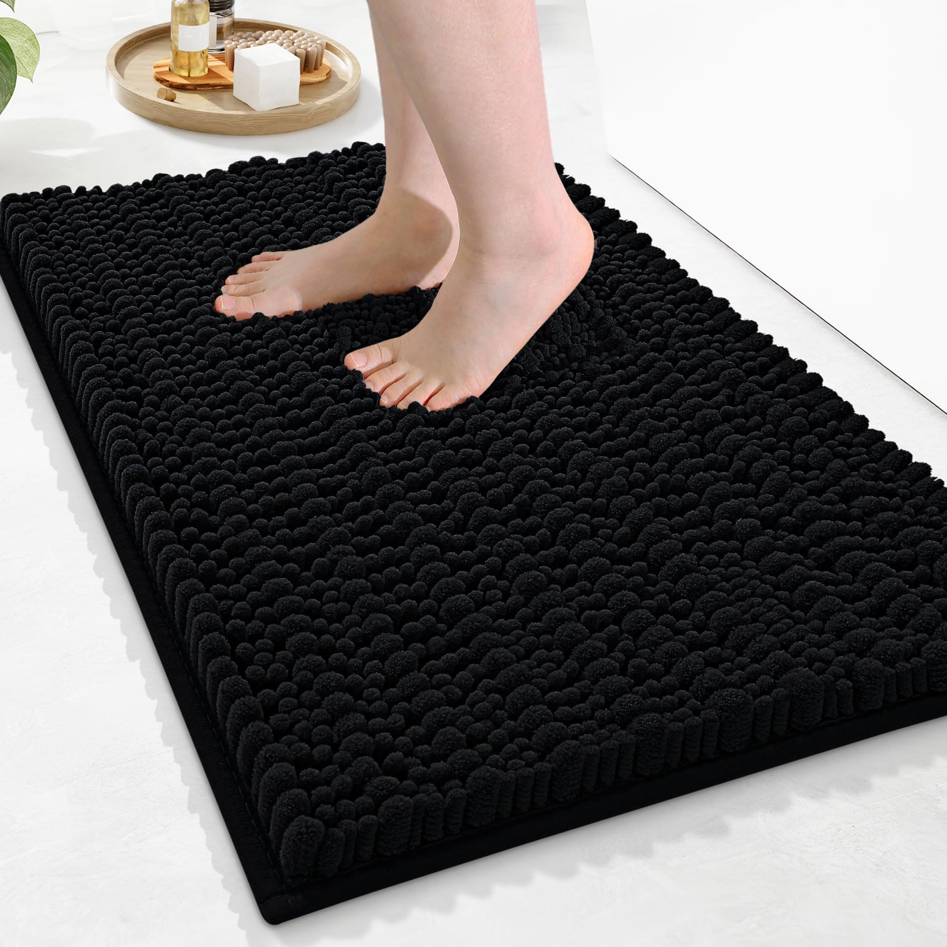 Arotive Luxury Chenille Bathroom Rug Mat, Extra Soft Thick Absorbent Shaggy Bath Rugs, Non-Slip Machine Wash Dry, Plush Bath Mats for Bathroom, Shower and Tub, 24x16, Black