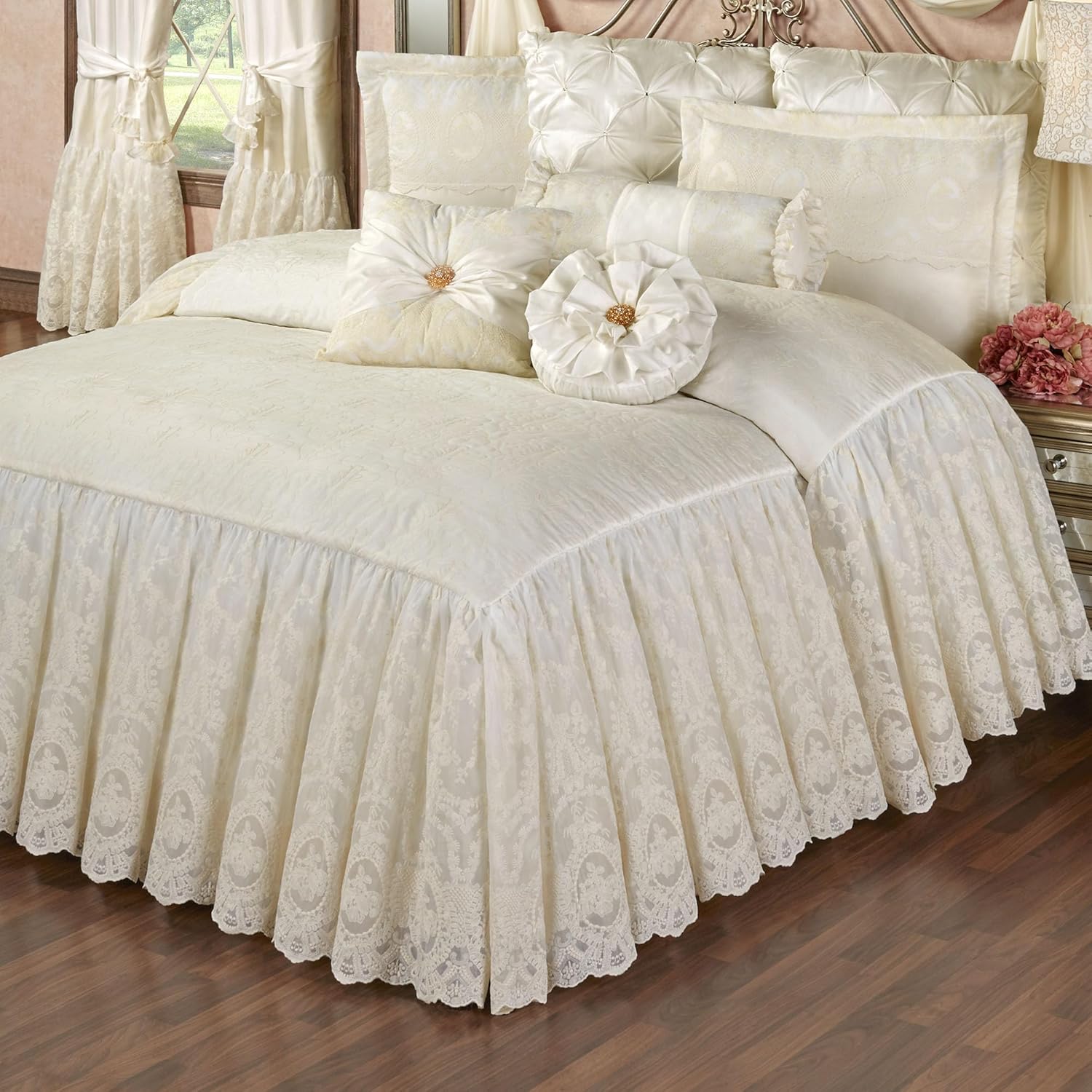 Cameo Lace Luxury Washable Polyester Bedding Set | Vintage Elegant | Pearl | Scroll Leaf Floral Cameo Quilting Embroidered | Set of Five: Queen Bedspread, Two Standard Shams, Square and Round Pillows