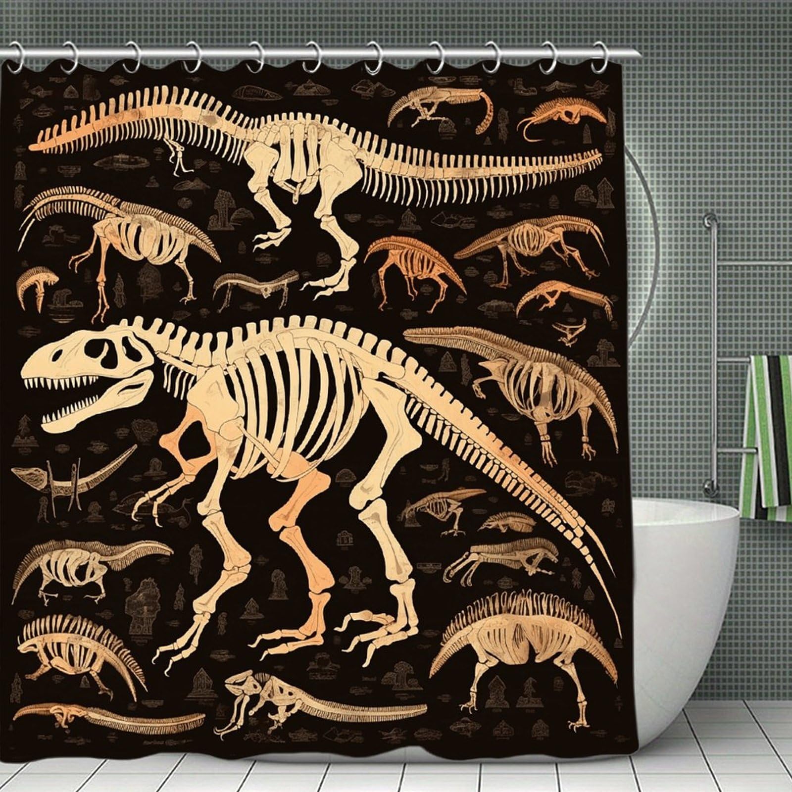 VstaDank Dinosaur Skeleton Print Shower Curtain Waterproof Bathroom Curtain with Hooks Luxury Weighted Bath Curtains for Bathtubs Showers Room Dividers Decorative Shower Curtains 71x71 in