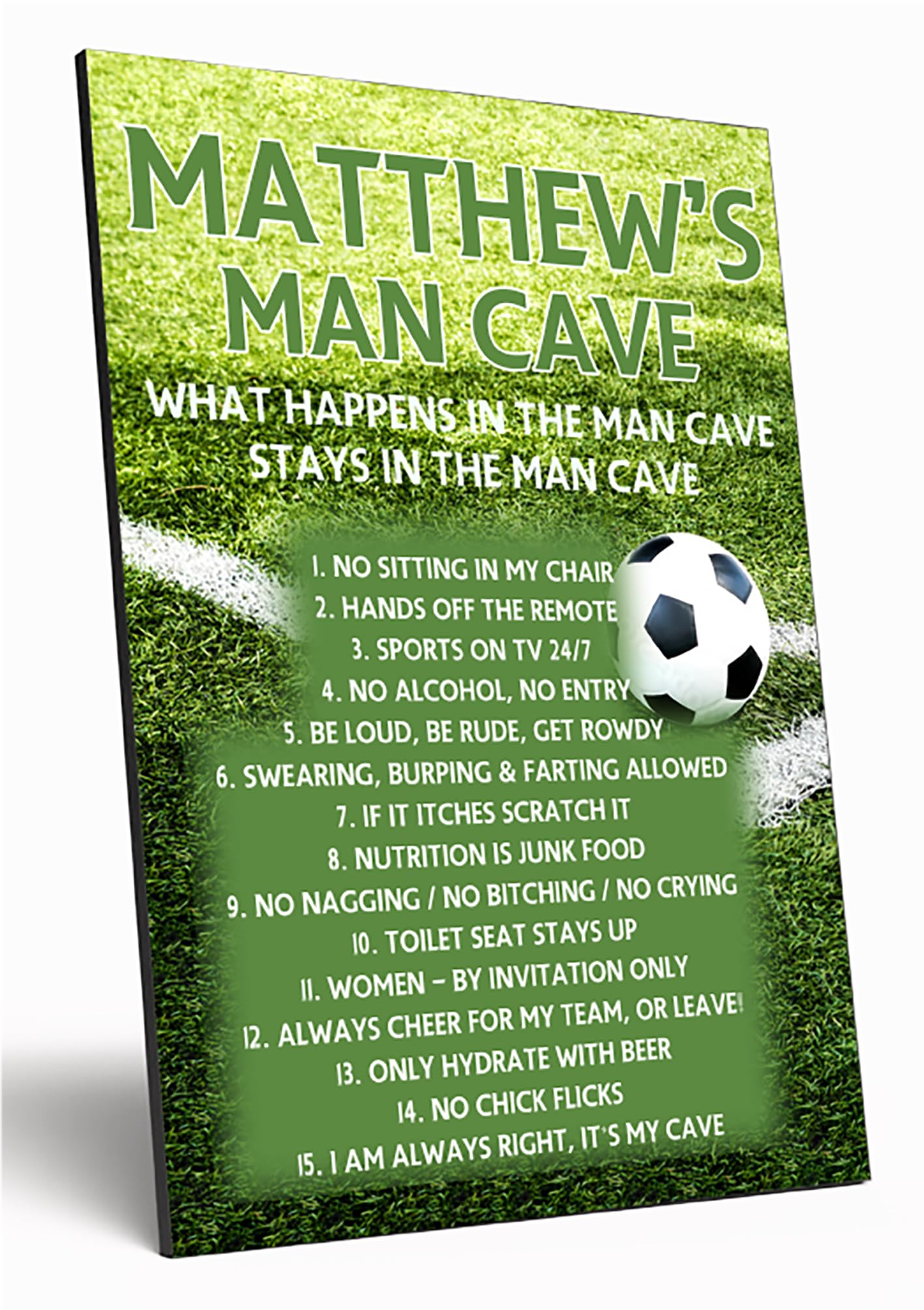 The Plum Penguin Men's Football Corner Personalised Man Cave Sign Wooden Funny A4 Wood Wall Art For Dad Grandad Uncle My Cave, My Rules Mdf Custom Plaque (Football Corner)