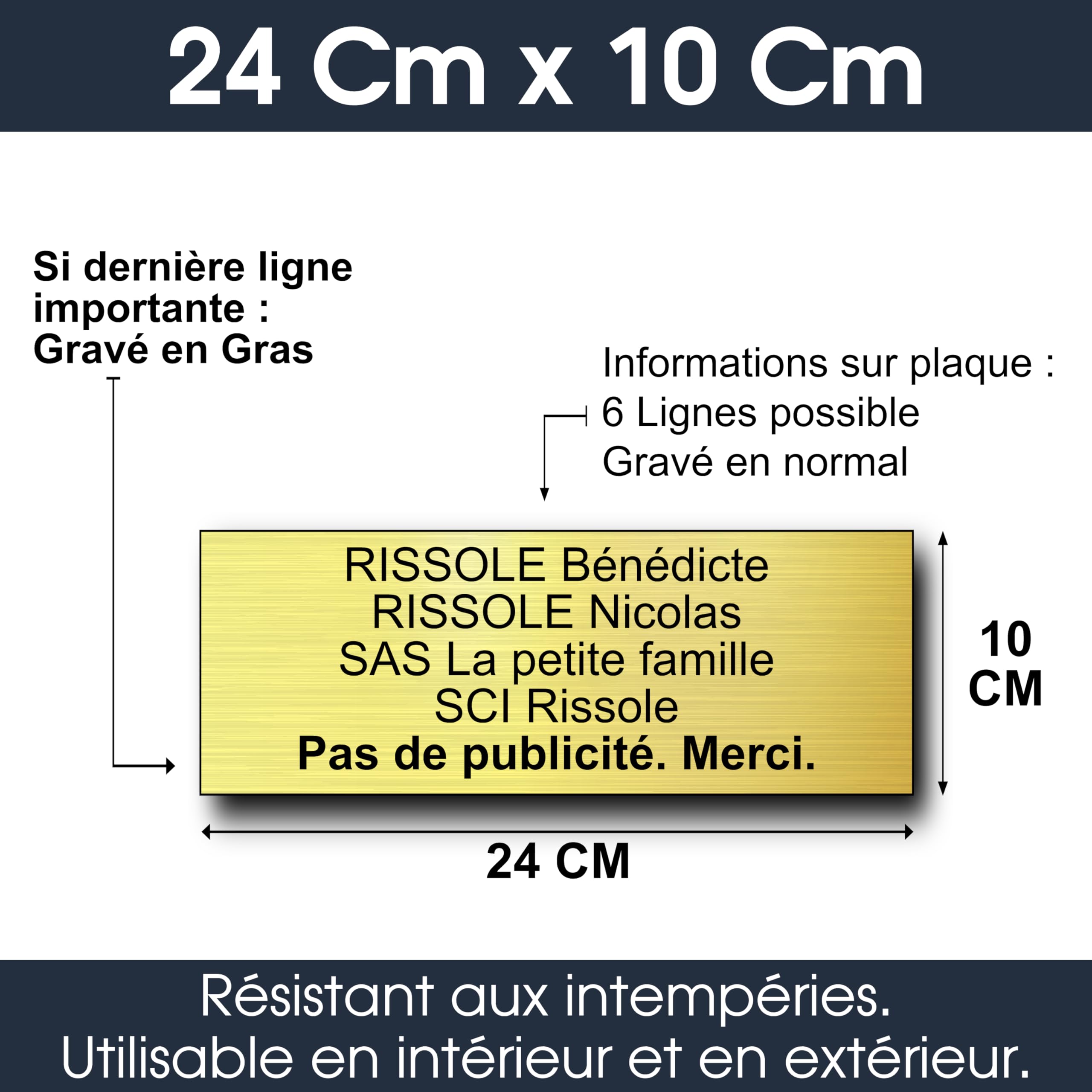 Plaque Boite Aux Lettres Personnalisable - 24x10 cm - 1 à 6 Lignes - Signaletique Personnalisée Gravée Grand Format - Étiquette Avec Nom Adhésive - Porte - Maison - Mur - Bureau (Or Radial)