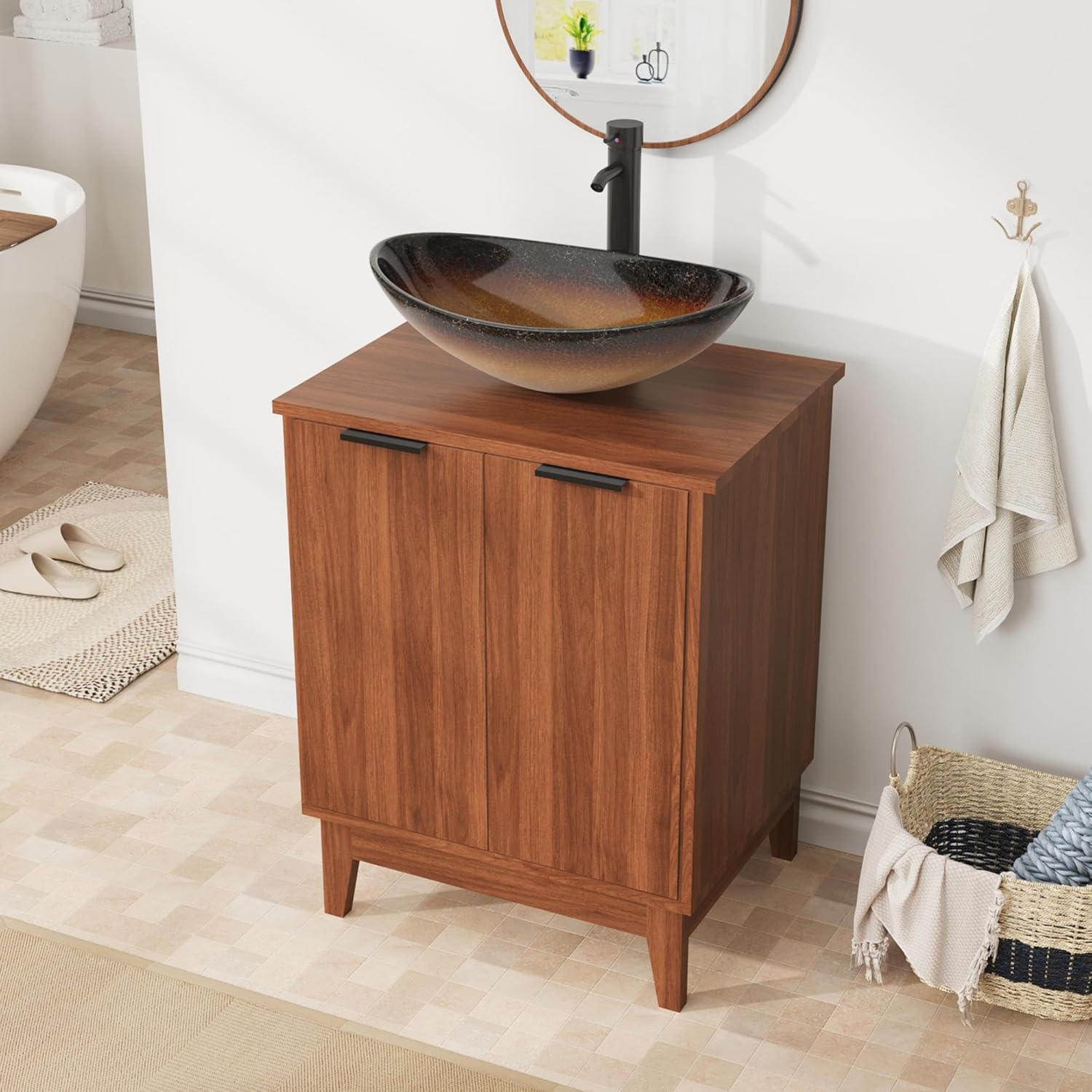 EROMMY 24 Inch Bathroom Vanity with Sink Combo, Bathroom Vanity with 2 Doors, Rustic Freestanding Bathroom Cabinet with Adjustable Shelf & Boat Glass Vessel Sink, Includes Water Tap & Sink Accessories