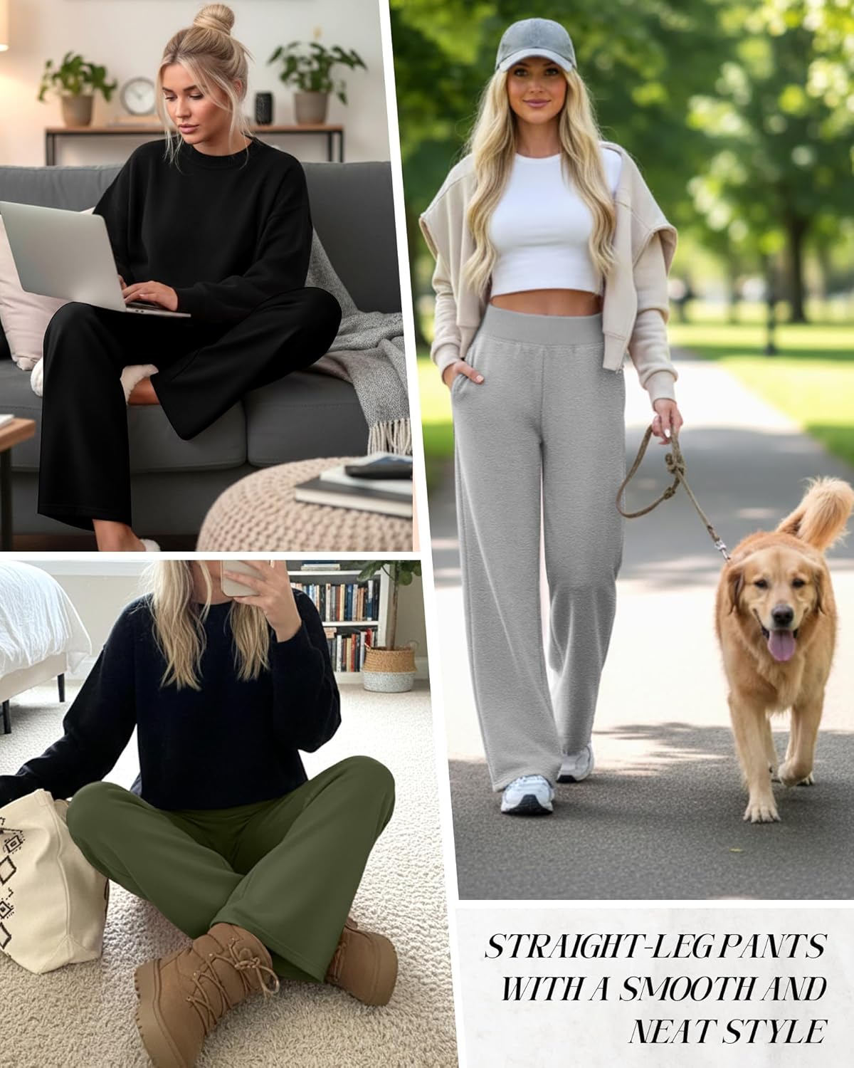 Neer 3 Pack Women's Lounge Pants Wide Leg Yoga Pant with Pocket Ribbed Wide Waist Elderly Loose Soft Lightweight Pant Pajamas