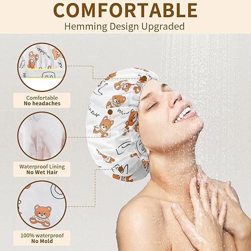 Miniatura 2 de WINSTECK 3 gorros de ducha para mujer, cómodos y extra grandes y de doble capa, impermeable, diseño de gran tamaño, dobladillo ajustable para todas
