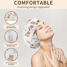 WINSTECK 3 PCS Shower Caps for Women, Upgrade Comfortable & Extra Large & Double Layers Waterproof Bath Cap, Oversized Designed Adjustable Hem Hair Cap for All Hair Lengths/Style