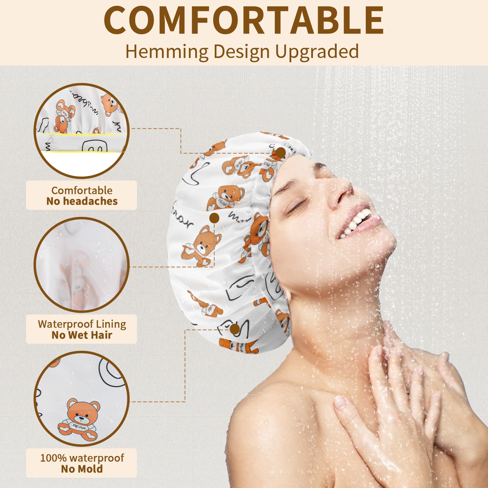 3-teilige Duschhauben für Damen, Upgrade bequem und extra groß und doppellagig, wasserdichte Badehaube, übergroße, verstellbare Haarhaube mit Saum für alle Haarlängen/-stile
