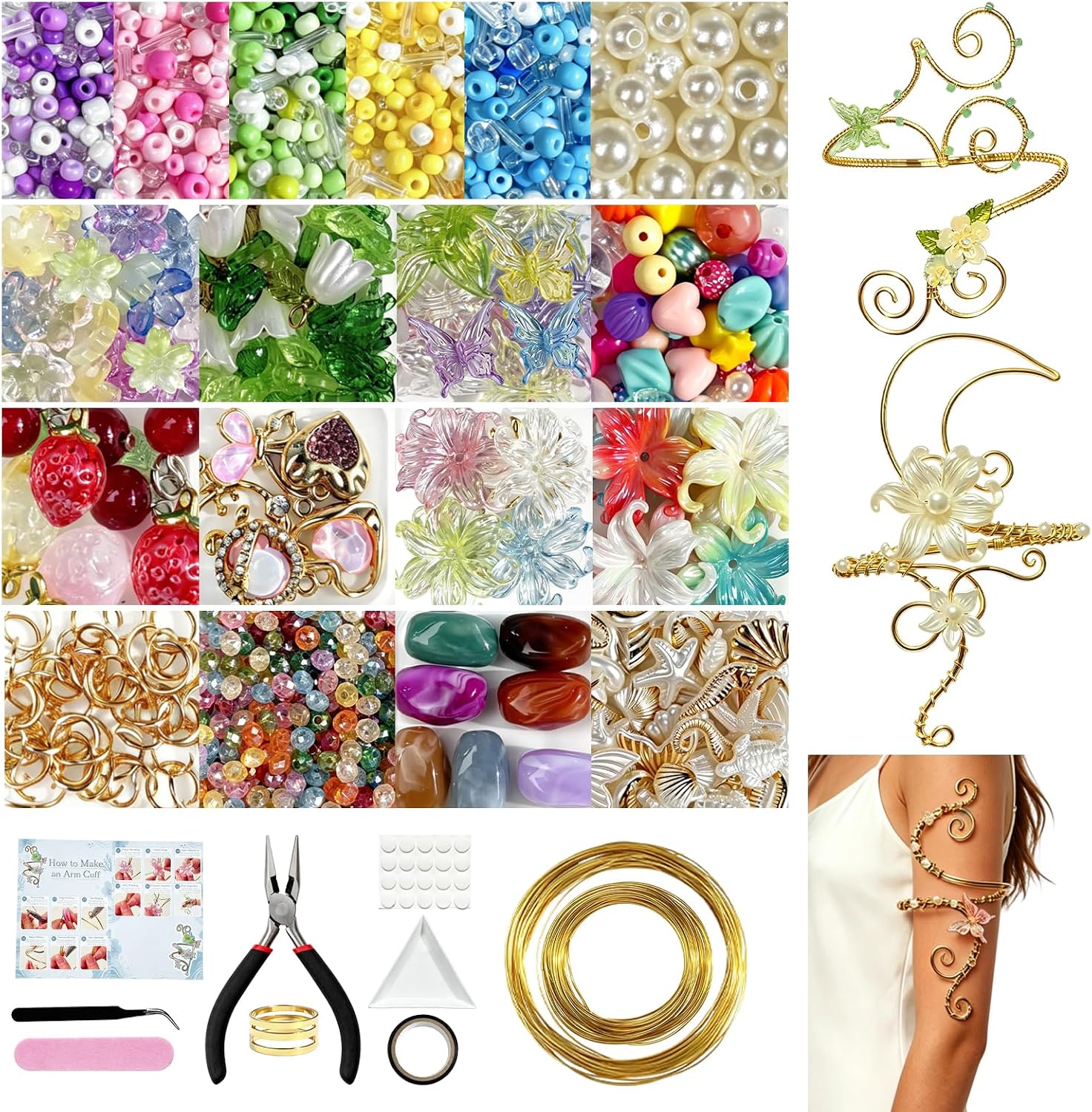 SMUOBT 1800 Pcs Arm Cuff Bracelets Making Kit for Women, Adjustable DIY Jewelry Craft Set with Aluminum Wire, Charms, Beads & Tools, Gold