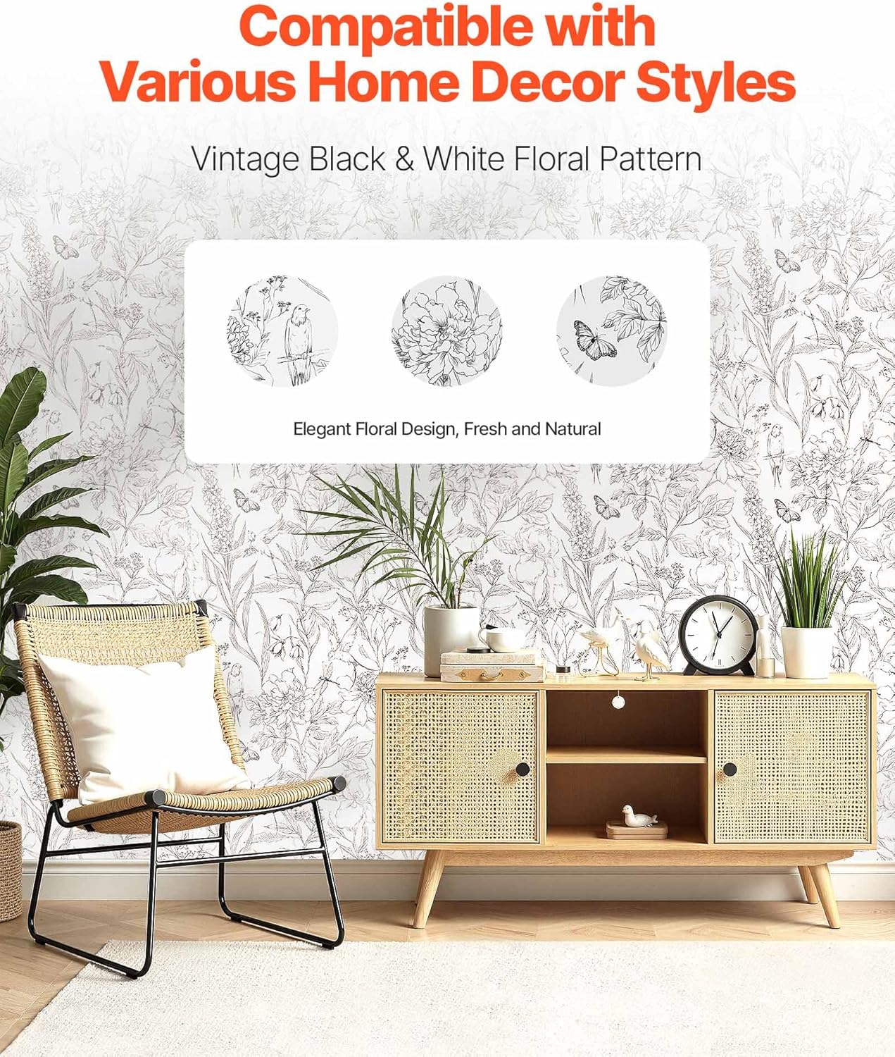 VEVOR Peel and Stick Wallpaper, 17.7 x 393.7 inch Contact Paper White Line Art Botanical Floral Waterpoof Self Adhesive, Easy to Clean Wall Decorative Vinyl Roll for Bedroom Kitchen Bathroom Office