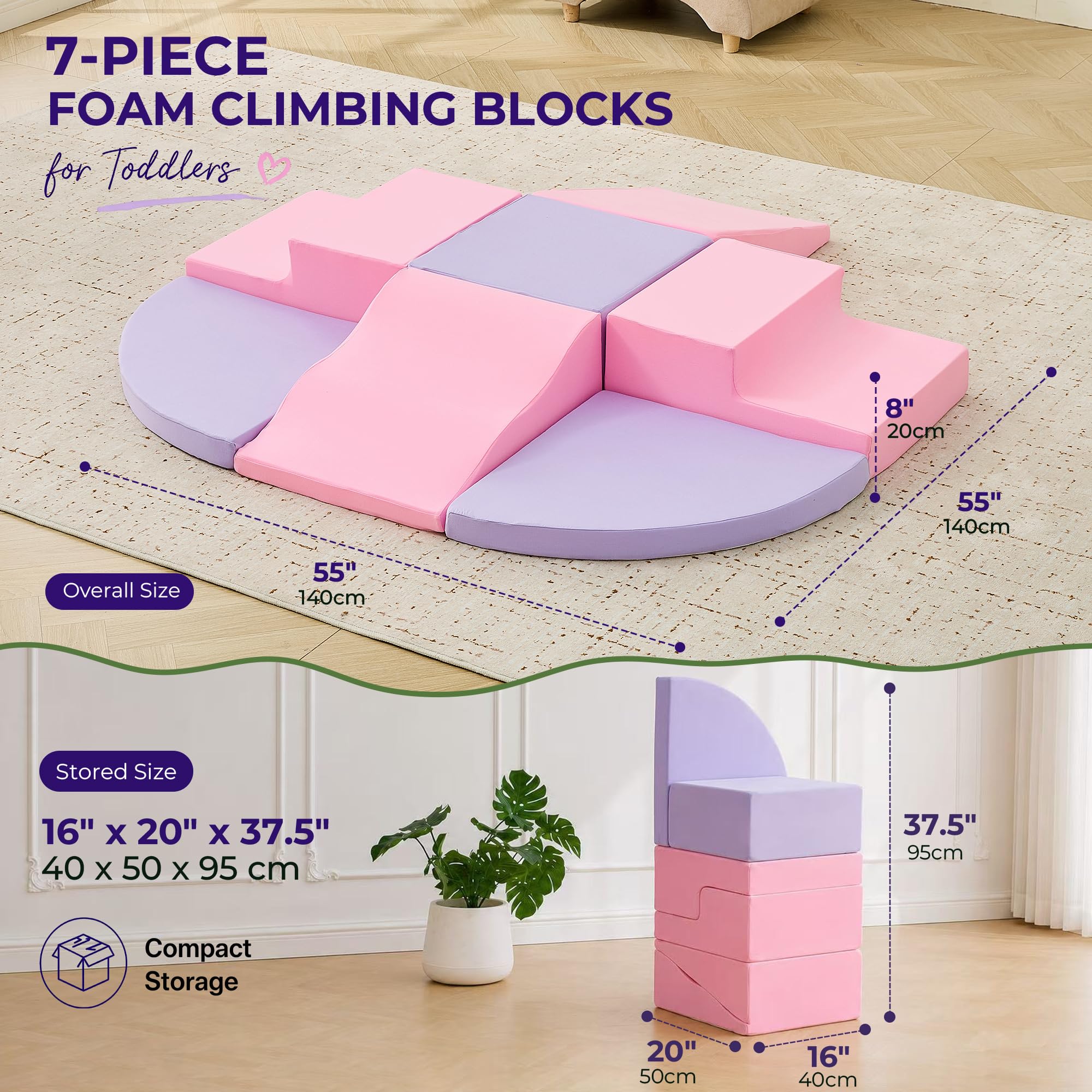 Montessori Soft Play 7-częściowy zestaw miękkich klocków dla dzieci, piankowe klocki do wspinaczki dla małych dzieci, miękkie klocki do raczkowania i zjeżdżania, zestaw do zabawy Montessori
