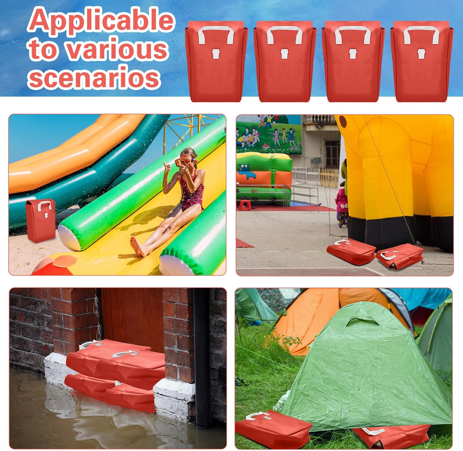 4 Pcs Vinyl Sand Bags for Bounce House 17'' x 12'' Inflatable Water Bounce House Sand Bag to Support & Anchor Inflatables Tents Water Slides Canopies Commercial, Holds up to 50 Lbs (Red)