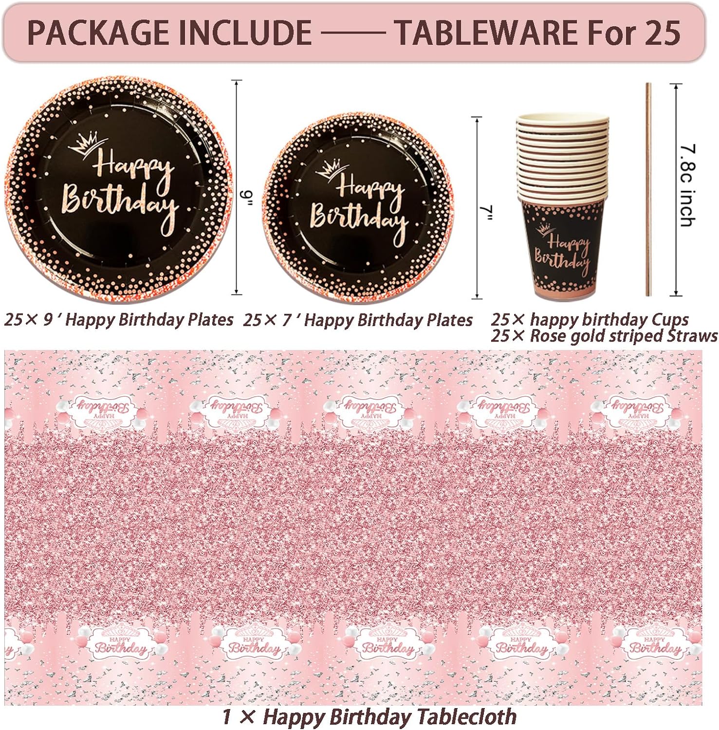 UJoyant Birthday Decorations For Women, 229 Pcs Rose Gold and Black Happy Birthday Supplies - Disposable Dinnerware Set with 25 Guest, Balloons, Sash, Tiara, Banner, Fringe Curtain, Photo Booth Props