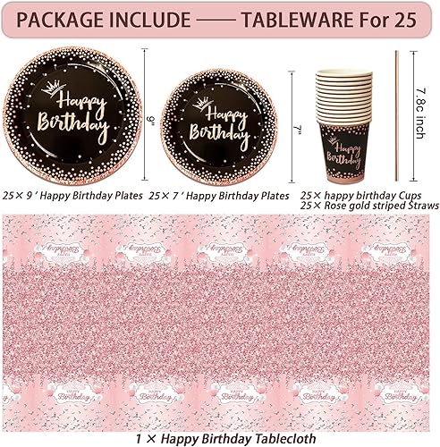 Miniatura 3 de UJoyant Decoraciones de cumpleaños para mujer, 229 piezas de suministros de feliz cumpleaños de oro rosa y negro, juego de vajilla desechable con 25