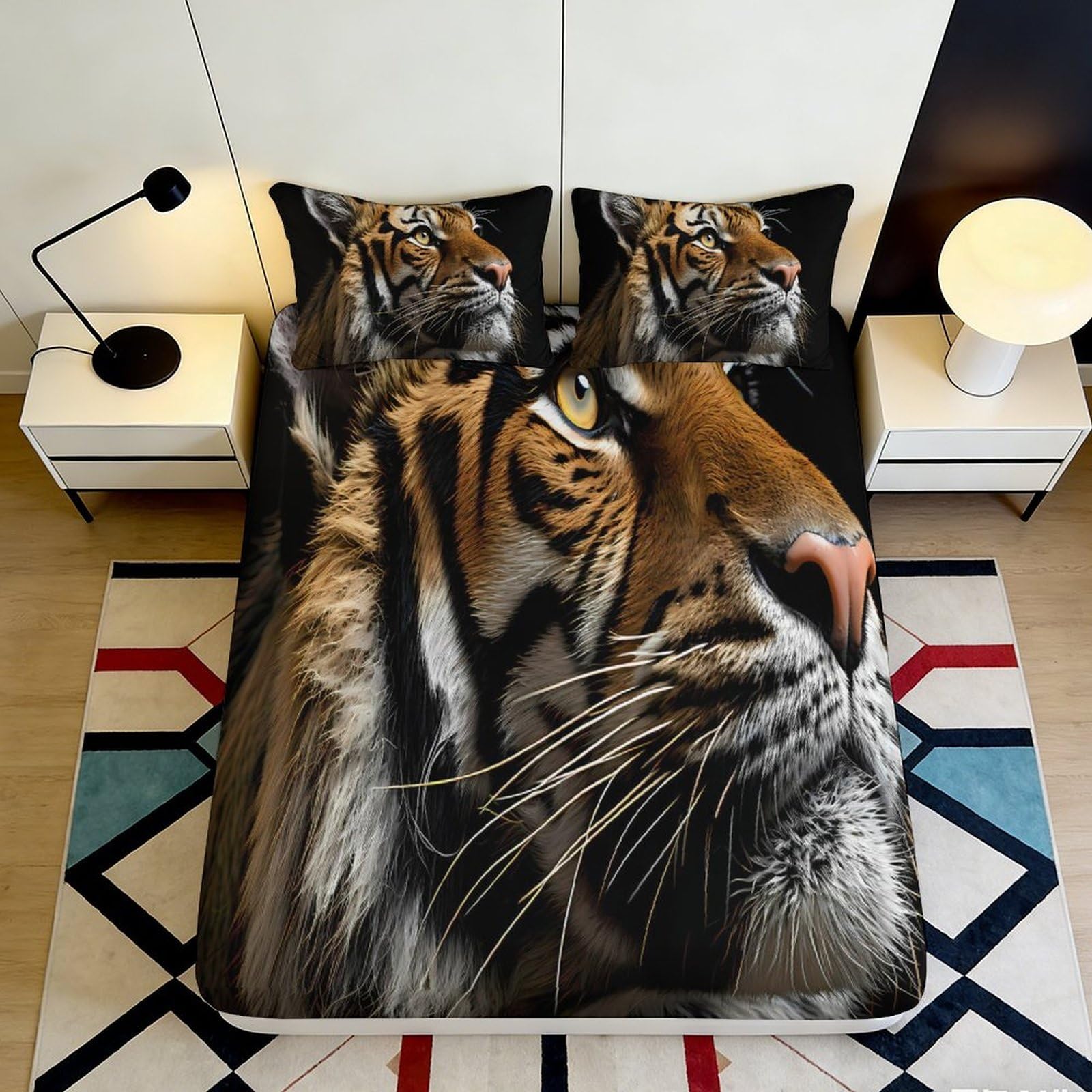 3D Printed Tiger Pattern Fitted Sheet Microfiber Deep Pocket Bedroom Bedding Tiger Mattress Fitted Cover for Adults Teens 140x200x25cm