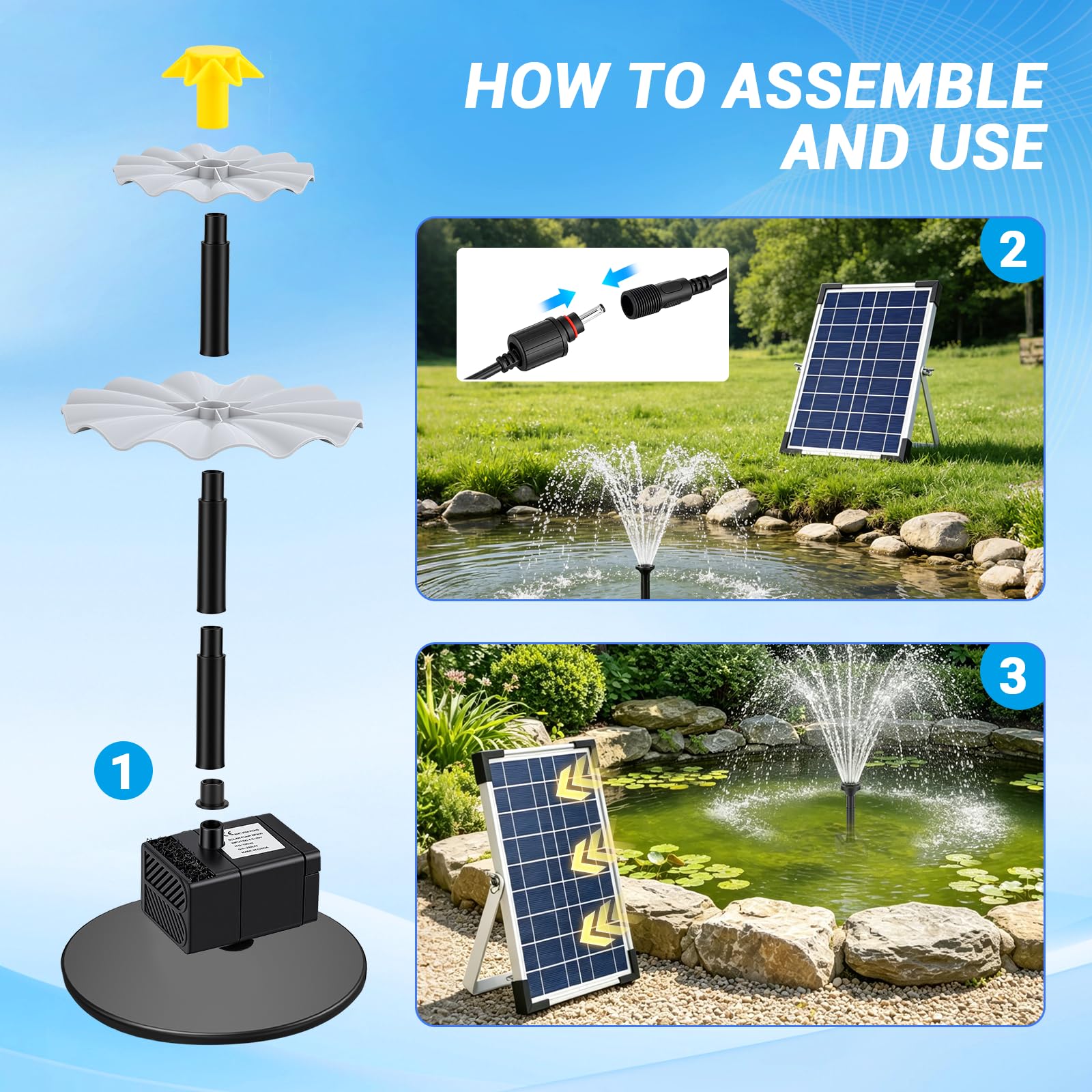 Fontana Solare, con Batteria 1500mAh e 9 Ugelli, Pompa Solare per Fontana 250L/h Altezza Getto 90cm, Pannello 10W, Kit Solare per Laghetto da Giardino, Piscina, Acquario, Bagno Uccelli, Uccelliere