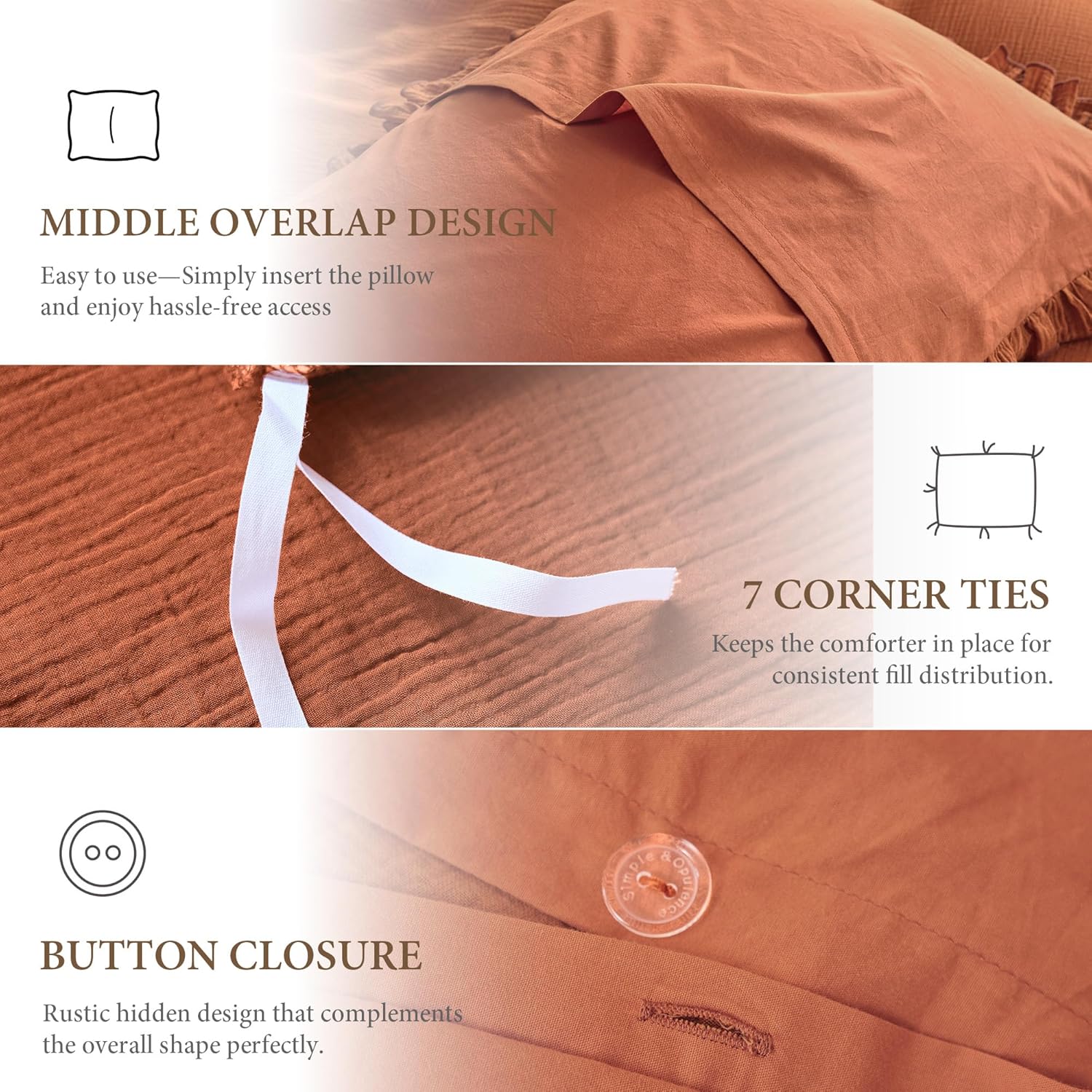 Simple&Opulence 100% Muslin Cotton Duvet Cover Set Twin Size, 2-Layer Gauze Ruffle Comforter Cover with Linen Like Texture, 2Pcs Breathable Soft Shabby Boho Chic Bedding for All Seasons(Burnt Orange)