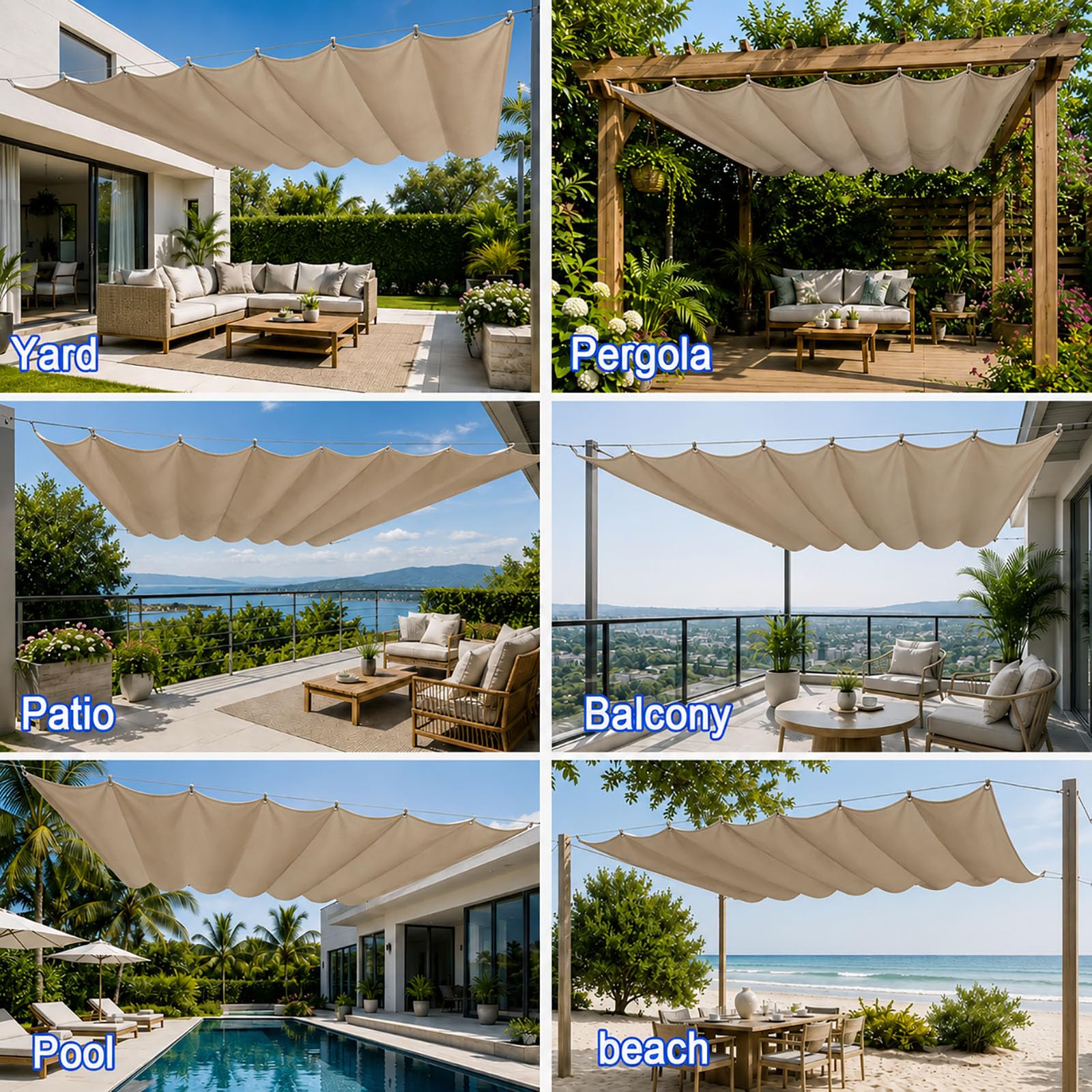 Ausziehbares Wellen-Sonnensegel 1.3 x 5.8 m PES Markisenstoff Sonnenschutz Wasserdicht Stabil Windabweisend Sonnensegel Wasserdicht mit Ösen für Balkon Terrasse Garten, Khaki