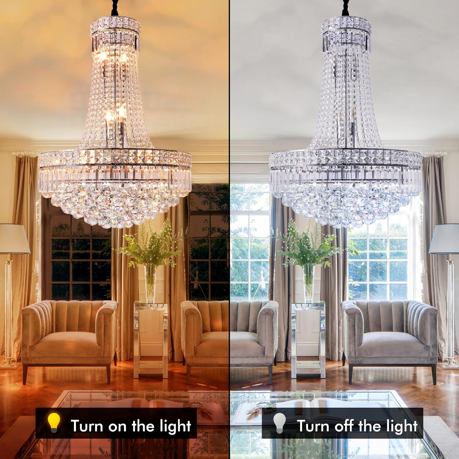 13-Lights Luxury Classic Chandeliers, Empire Style Raindrop K9 Crystal Chandelier Ceiling Light Fixture for Living Room Foyer Dining Room Kitchen Island Hallway Bedroom Chrome Finish