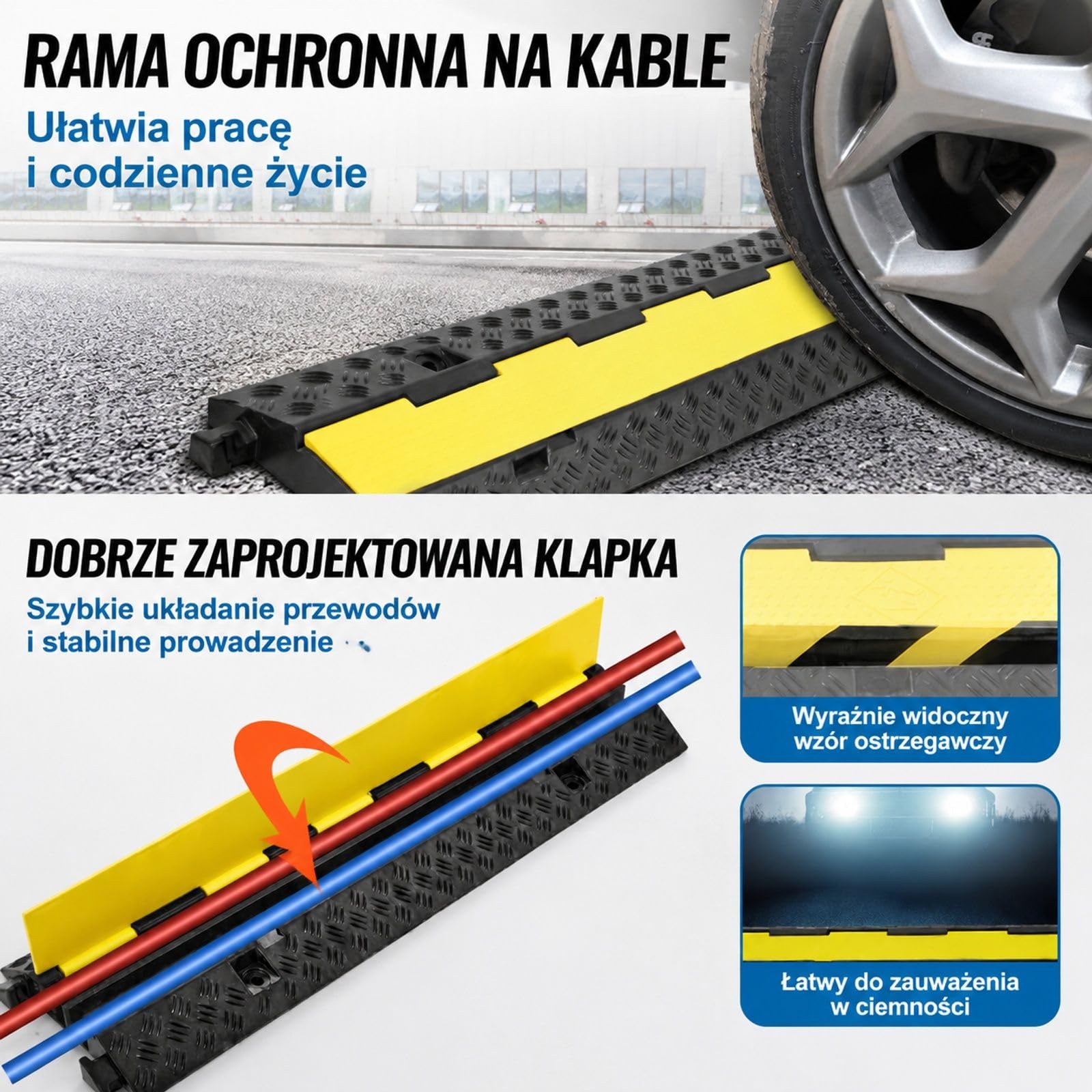 Rampa kablowa zestaw 5 sztuk, 2 kanały, czarno żółta, guma i PVC, do parkingu i prowadzenia kabli