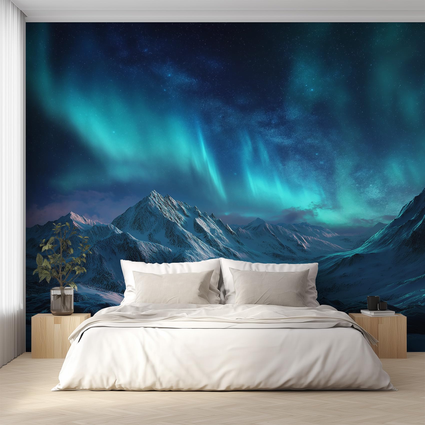 Générique Papier Peint Panoramique Aurore Boréale, Papier Peint Montagne Enneigée Ciel Étoilé 310x250 cm, Fresque Murale Intissé, Décoration Murale Salon Chambre
