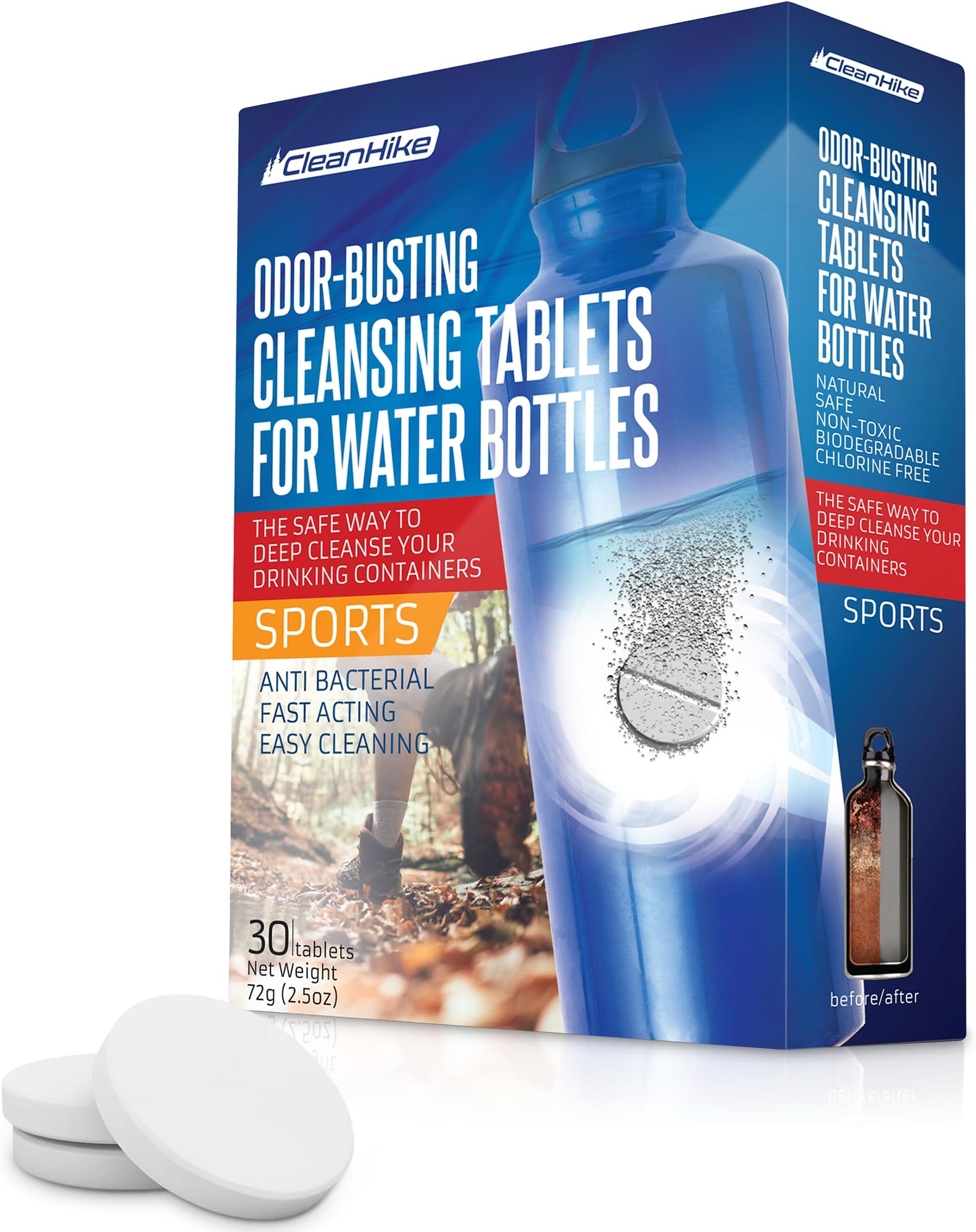 Water Bottle Cleaning Tablets - (30 Tablets) All Natural Ingredient, for All Stainless, Plastics, Ceramic and Glass Drinking Containers, Individually Packed, FDA Registered (1)
