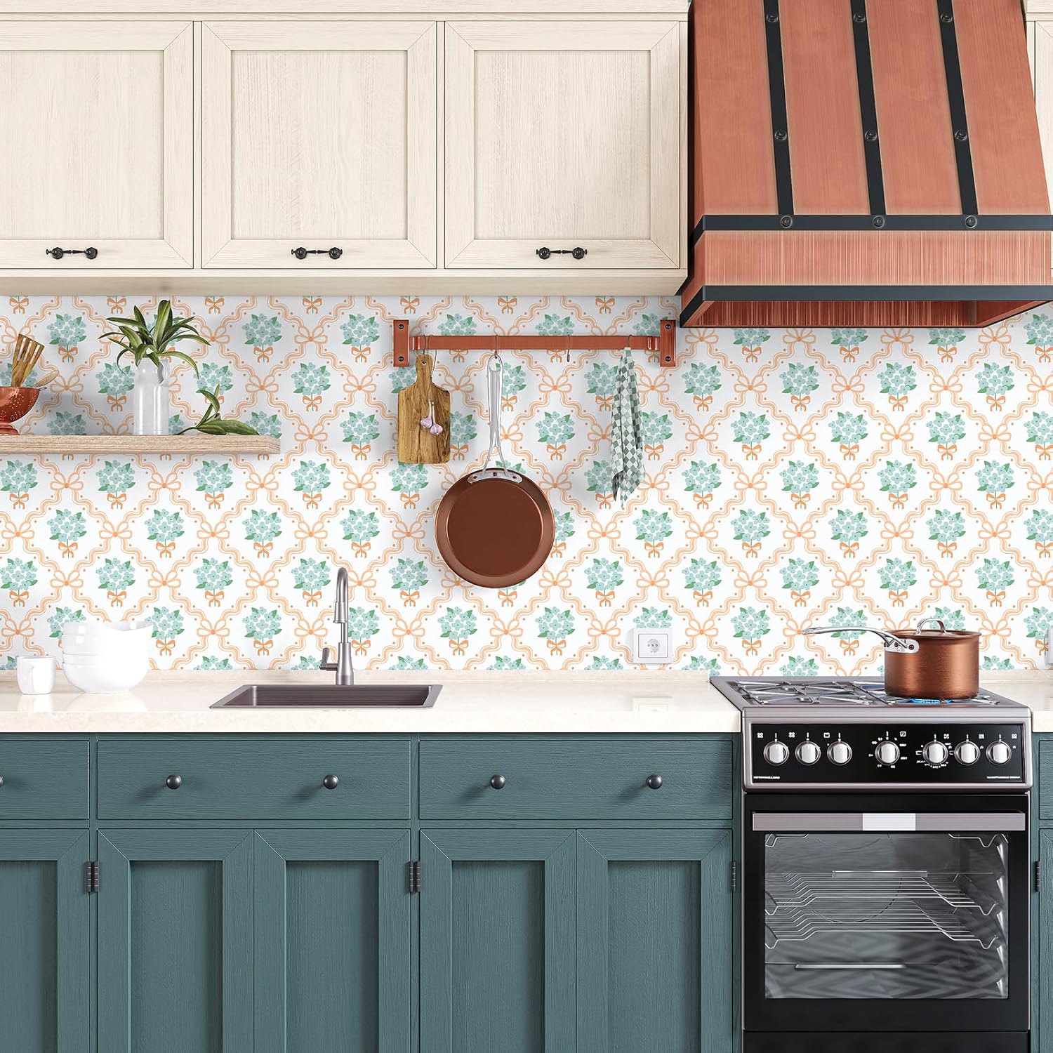 Bowknot Floral Peel and Stick Wallpaper Boho Floral Geometric Wallpaper for Bathroom Bedroom Cabinets 17.7"x160" Self Adhesive Flower Art Deco Wall Paper Modern Removable Nursery Wall Mural