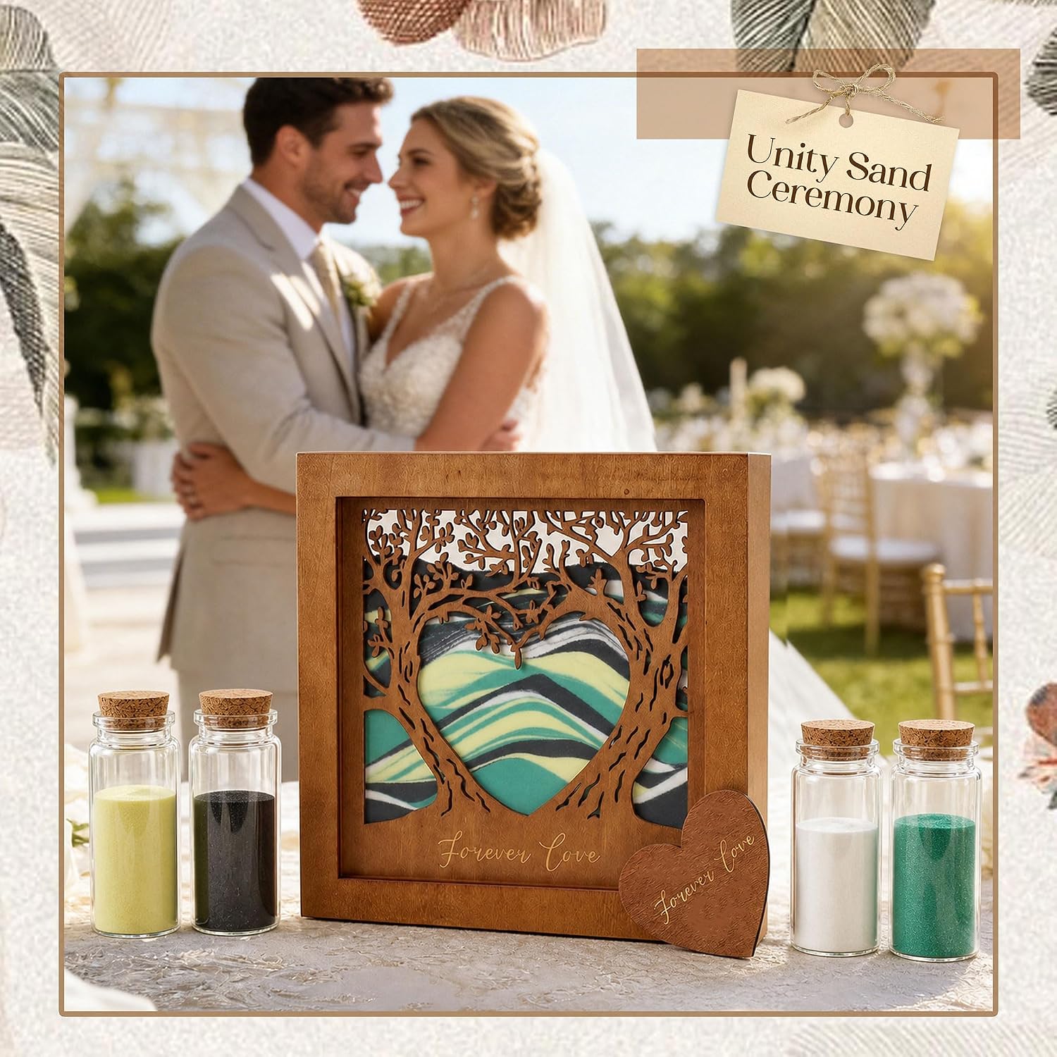 Unity Sand for Wedding Ceremony Set : Dainty Carved Wooden Box Glass Bottles with Cork Stopper and Wedding Sand Function Sets for Marriage Bridal Party Family Unity Ceremony Decorations Wood
