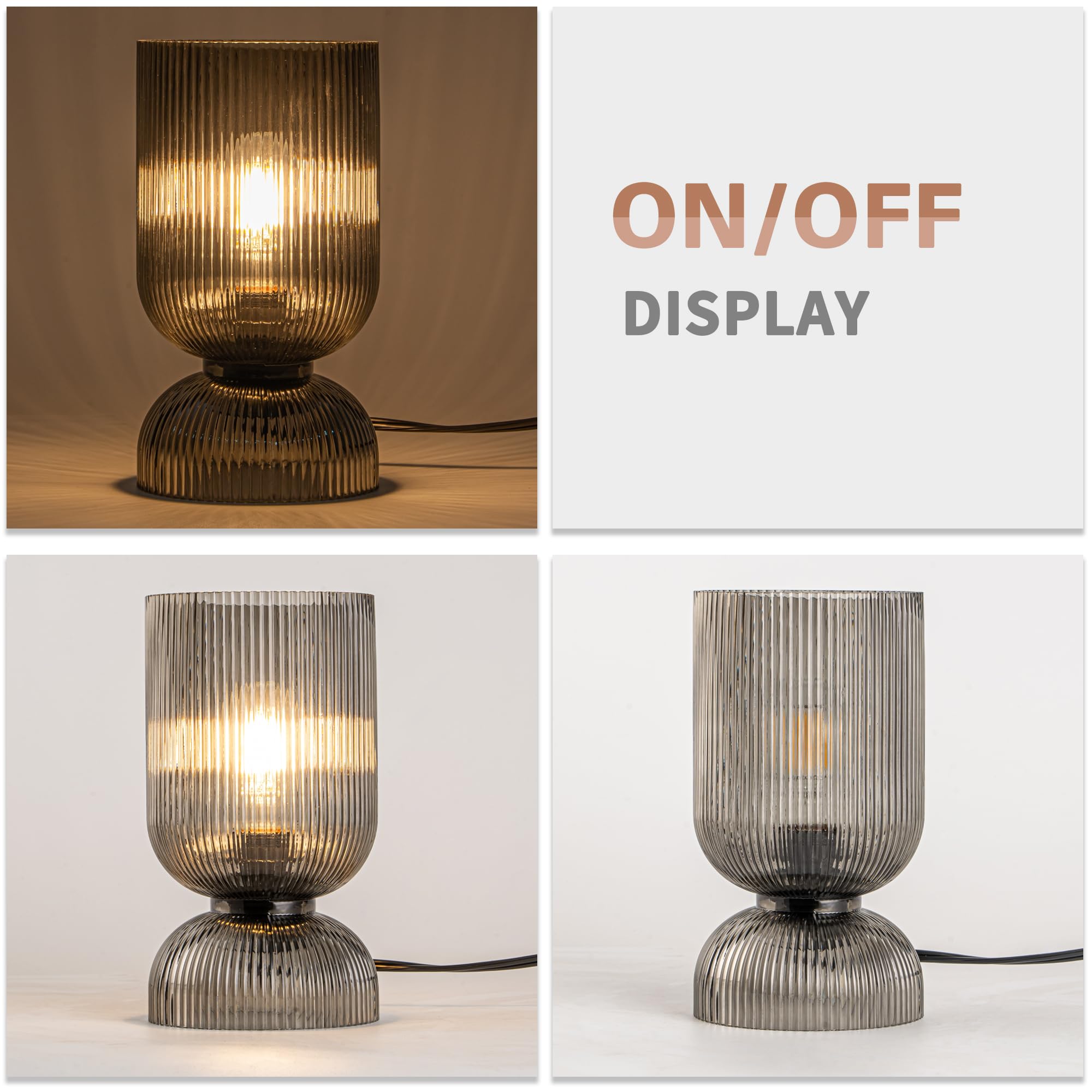 Lámpara de mesa moderna, lámpara de mediados de siglo con pantalla de cristal gris ahumado, lámpara de noche con interruptor de encendido/apagado, lámpara de mesita de noche minimalista para 7