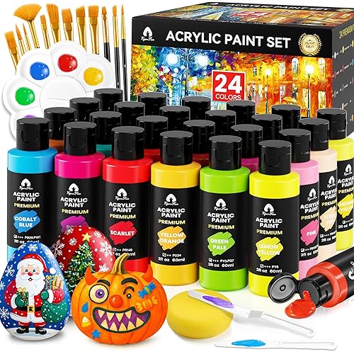 40 Pcs Acrylic Paint Set - 24 Colors (2oz/60ml) with 12 Brushes, 2 Knives & Palette - Rich Pigments for Adults, Kids, Artists & Beginners - Painting on Halloween Pumpkin Canvas Ceramic Rock Wood