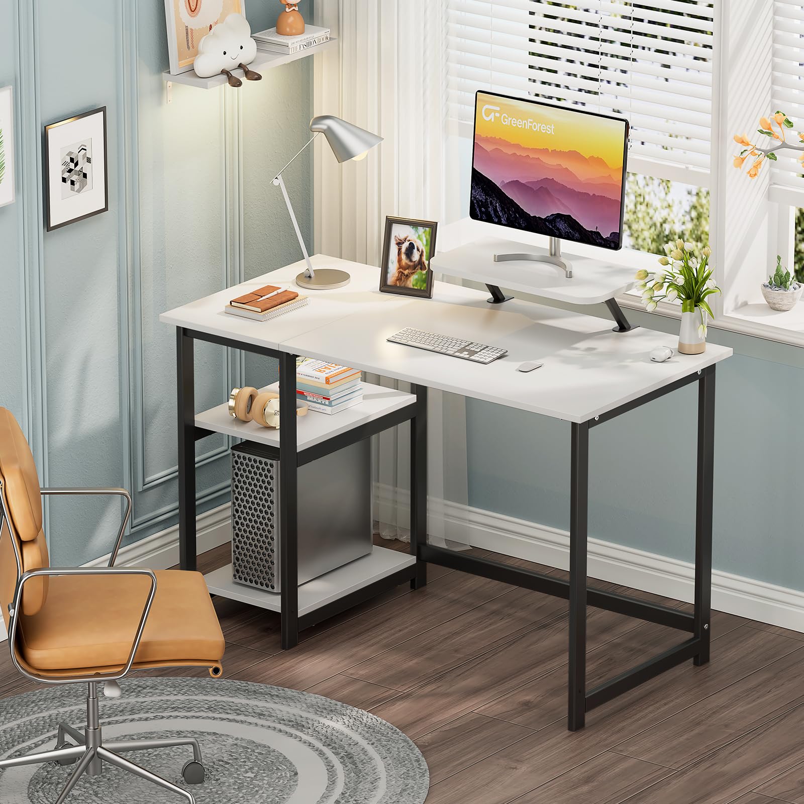 GreenForest Computer Home Office Schreibtisch mit reversiblen Speicherregalen 100cm Kleiner mit justierbaren Regalen für kleine Räume,Schlafzimmer,Student, moderner PC Laptop Tisch,weiß