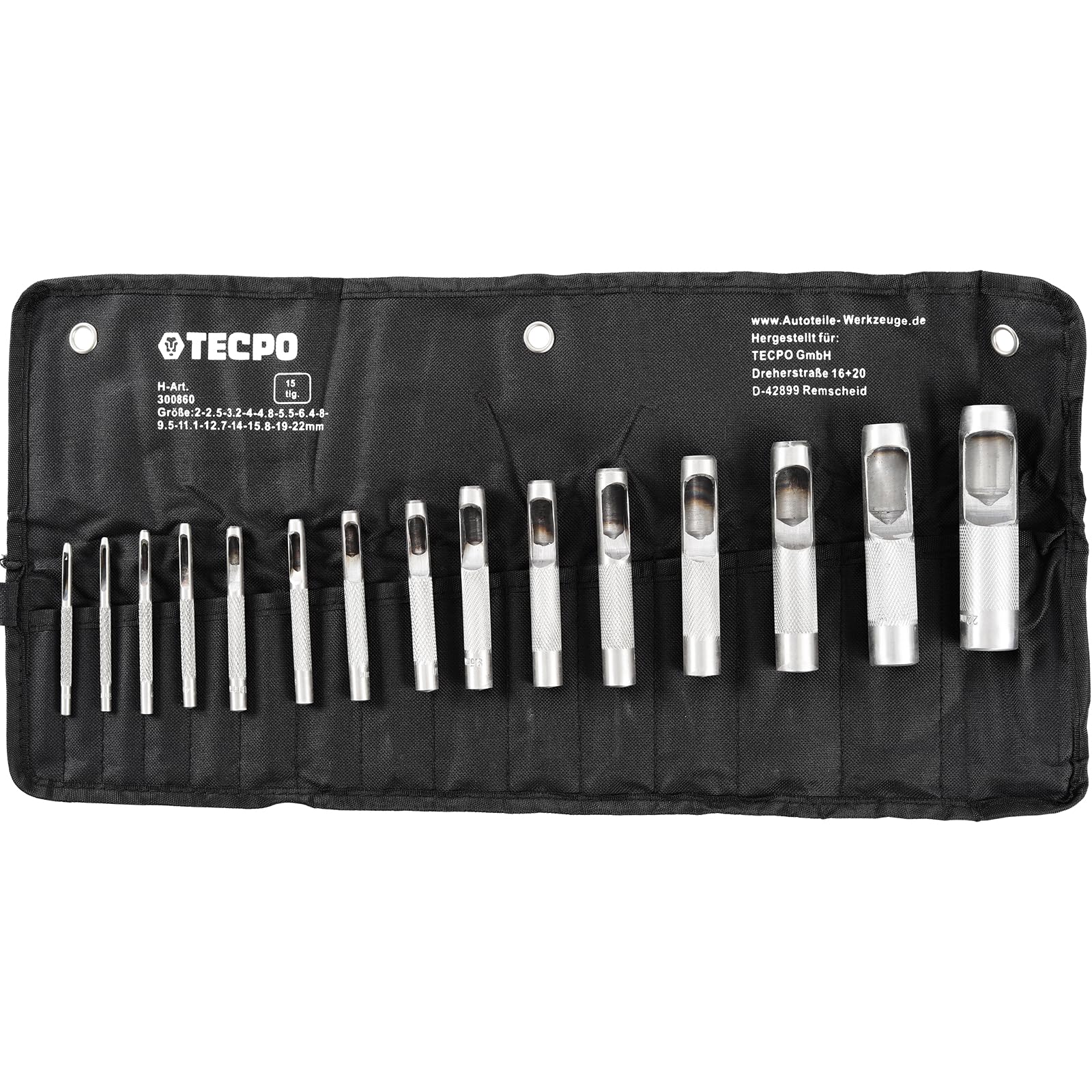 TECPO Lochstanzen-Set 15-teilig, Ø 2–22 mm, gehärtetem Carbonstahl