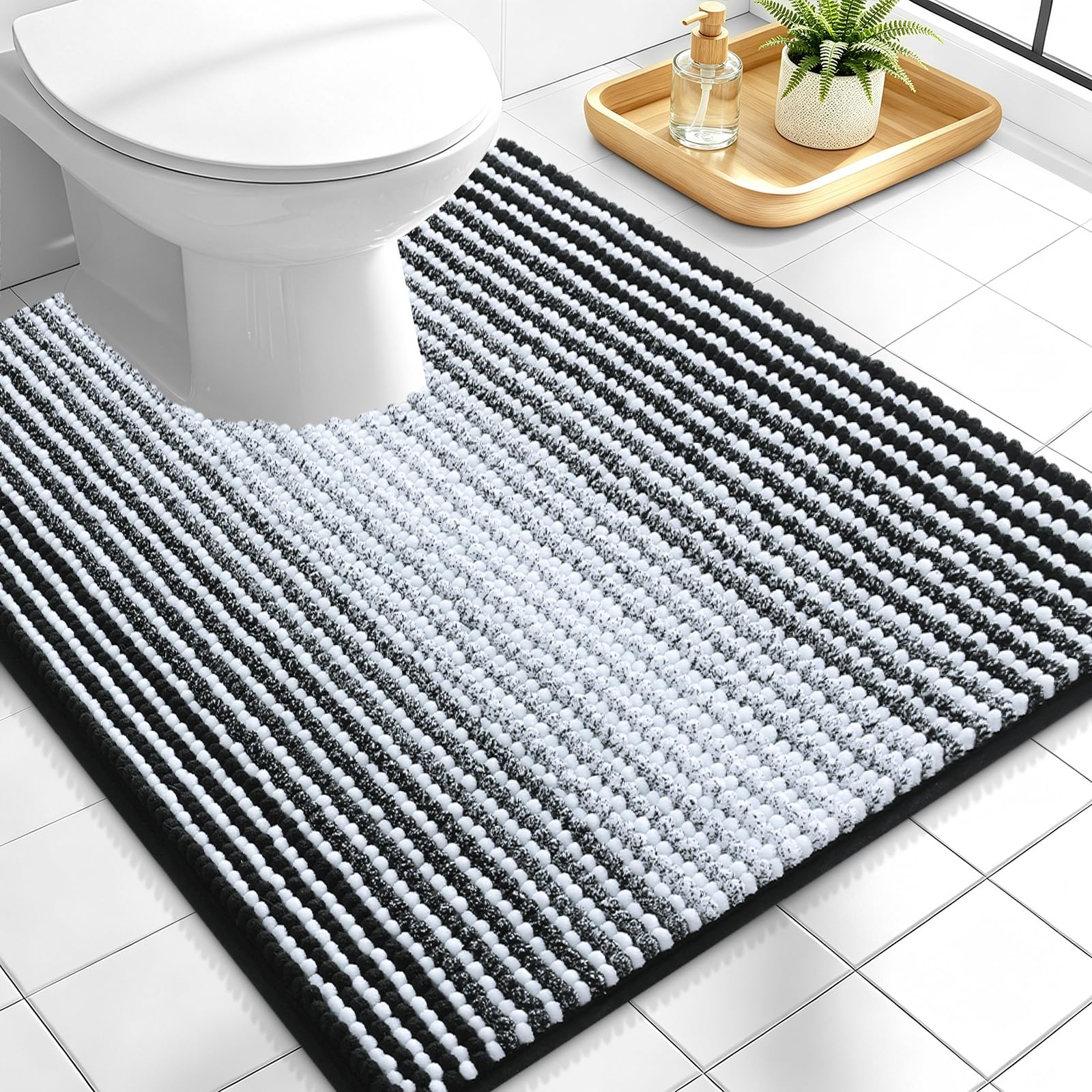 OLANLY Toilet Rugs U-Shaped 24x20, Soft Chenille Contour Bath Mat, Black