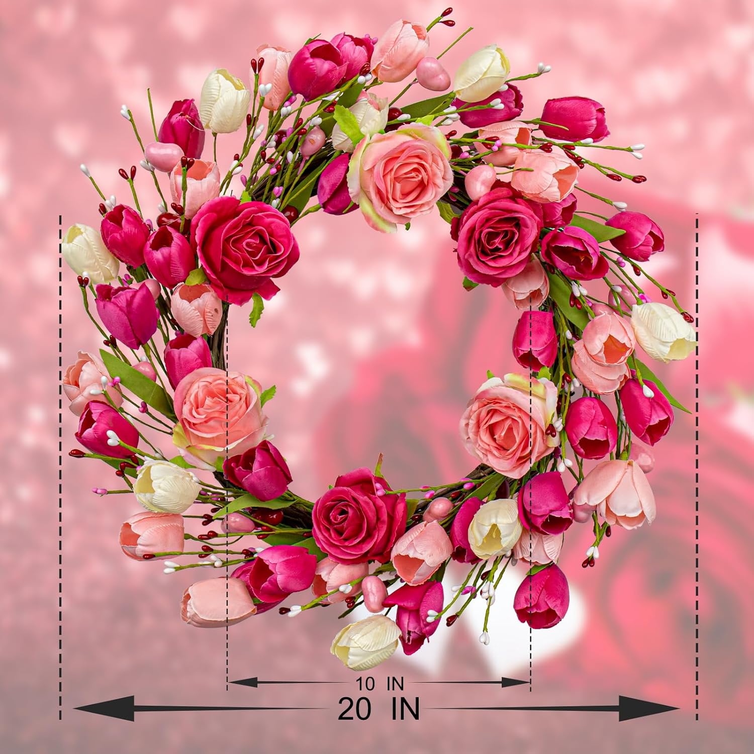Artifical Valentine's Day Wreath 20 Inches Valentines Wreaths for Front Door Valentines Door Wreath Valentines Floral Wreaths with Rose Tulips Flowers for Wall Window Porch Home Wedding Party