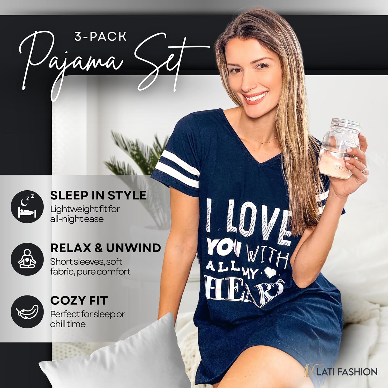 Lati Fashion 3 Pack Nightgowns For Women Soft Cotton Short Sleeve Sleepshirt Casual Sleepwear Nightdress Size S-3X - Image 2