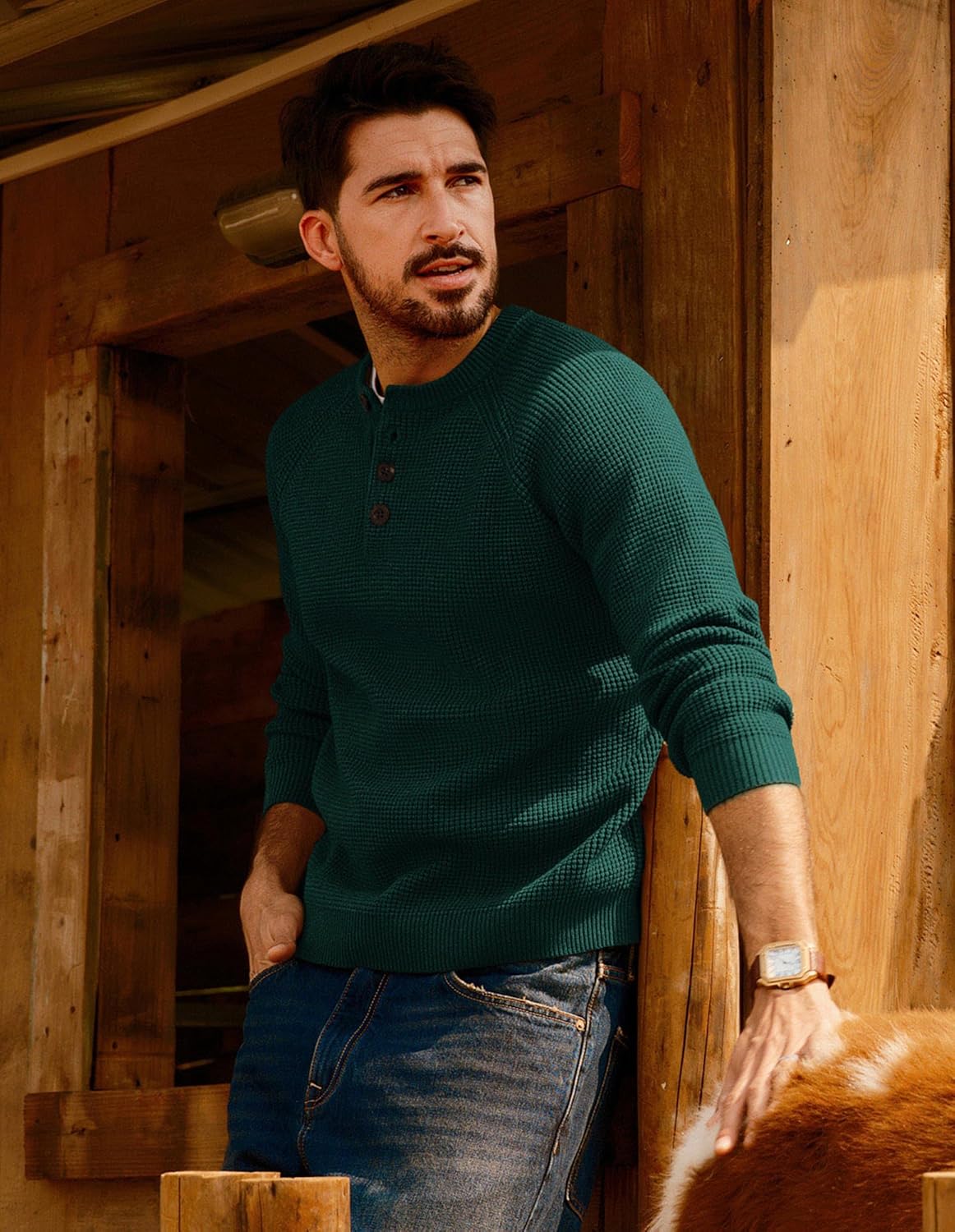 PJ PAUL JONES Mens Sweaters Casual Waffle Pullover Sweater Button Crewneck Textured Knit Henley Sweaters - Image 3