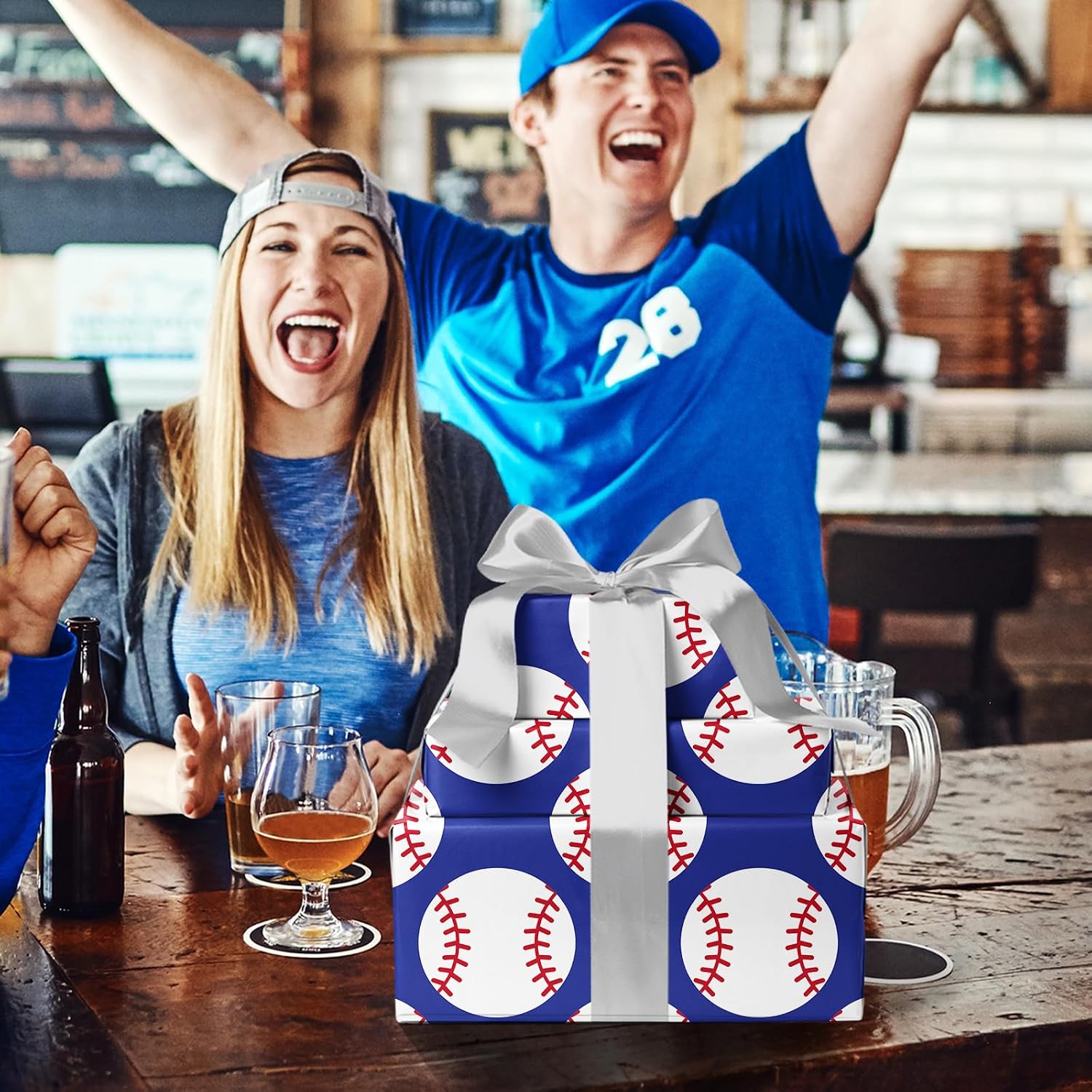 WRAPAHOLIC Baseball Wrapping Paper Roll - Mini Roll - 17 Inch x 9.8 Feet - Sports Blue Baseball Design, Perfect for Birthday, Party, Holiday