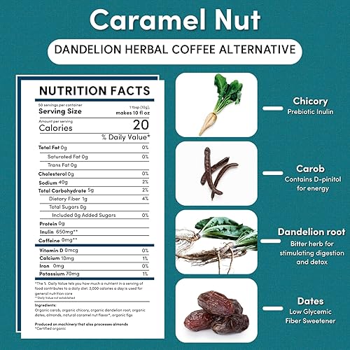 Vista 67 de Teeccino Dandelion Vanilla Nut - Café de hierbas sin cafeína con prebióticos, sin gluten, sin ácidos, tostado medio, 10 onzas